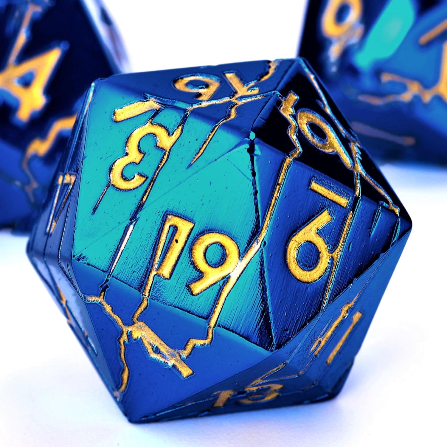 Metal Dice for DND - Cracked Lightning Metal Dice - Polyhedral Set for D&D with Cracks - Beautifully Detailed Compatible with Dungeons and Dragons, RPG and More (Metal Blue Gold Lightning)