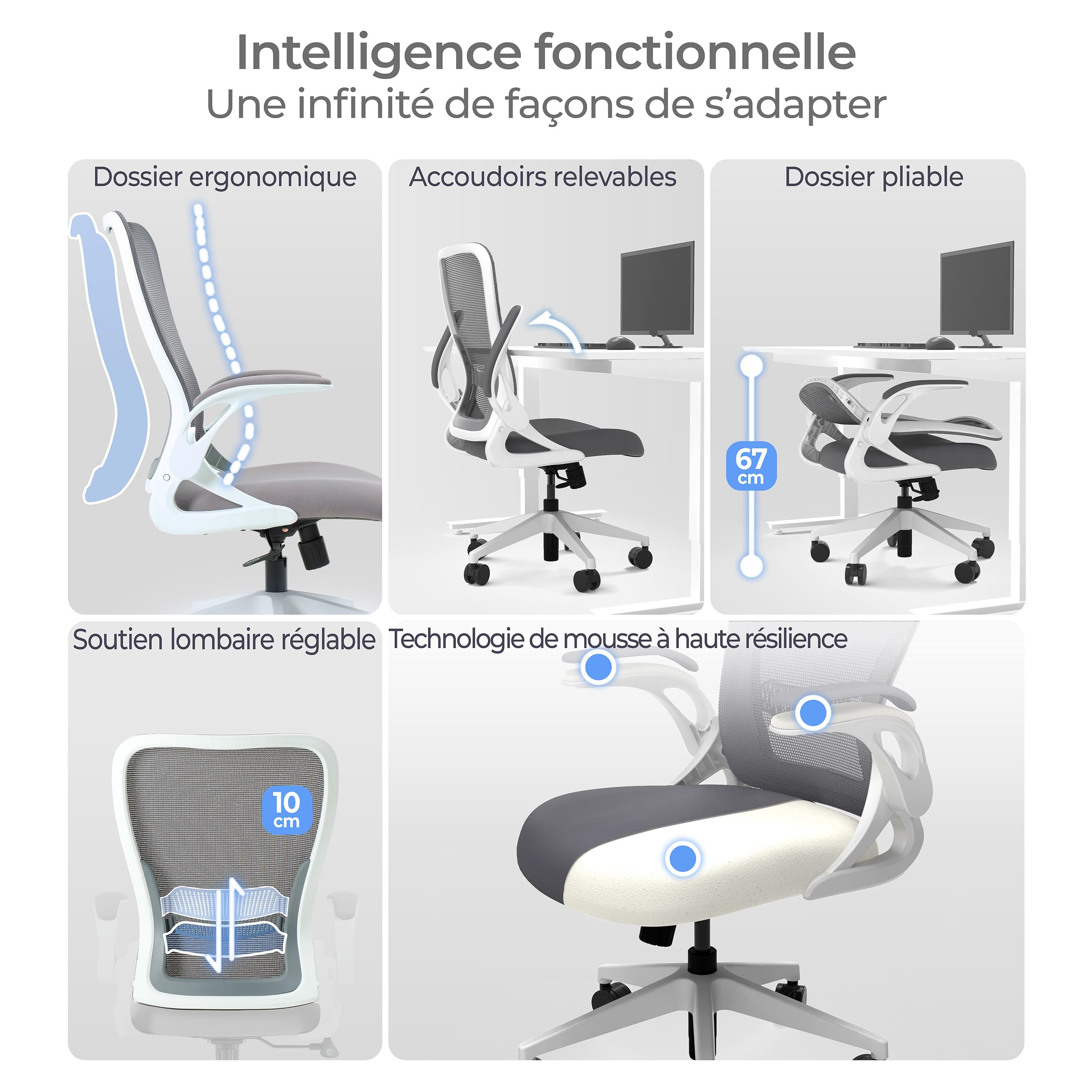 Tervo Model U | Chaise de Bureau Pliante pour Petits espaces | Chaise de Jeu pour Adultes et Enfants | Chaise d'ordinateur Ergonomique en Maille pour la Chambre à Coucher