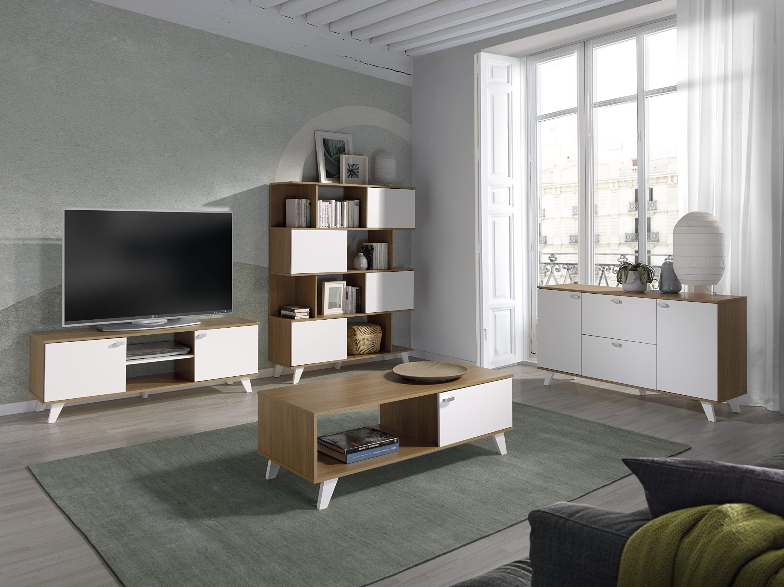 MOMMA HOME Ensemble complet de salon modèle Quiatur, finition chêne et blanc, buffet + meuble TV + table basse + étagère