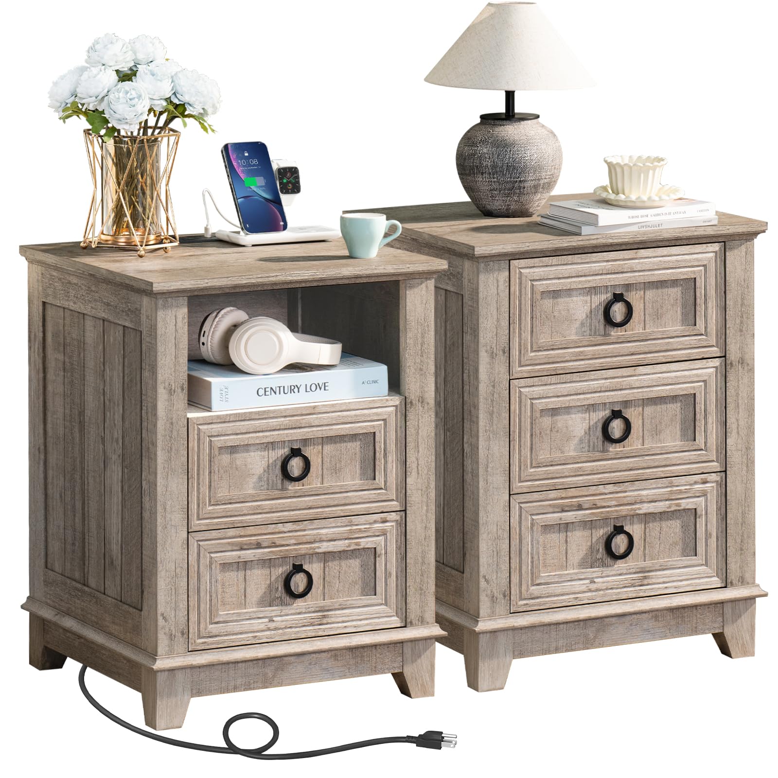Joaxswe 18" Farmhouse Night Stands Set of 2 with Charging Station, 2 & 3 Drawers End Table Dresser for Bedroom, Oak Wooden Nightstand, Bed Side Table