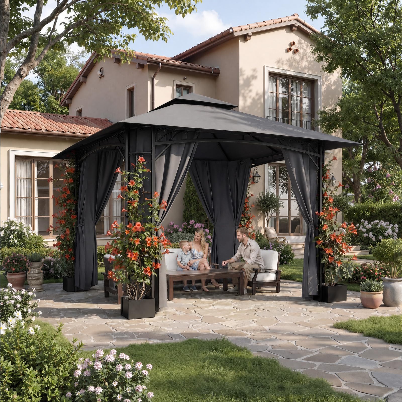 JUMMICO Garden Gazebo 3.3 x 3.3 m Iron with Flower Box, 4 Sidewalls, Stable, Wind and Weather Resistant – Metal Structure, Garden Furniture