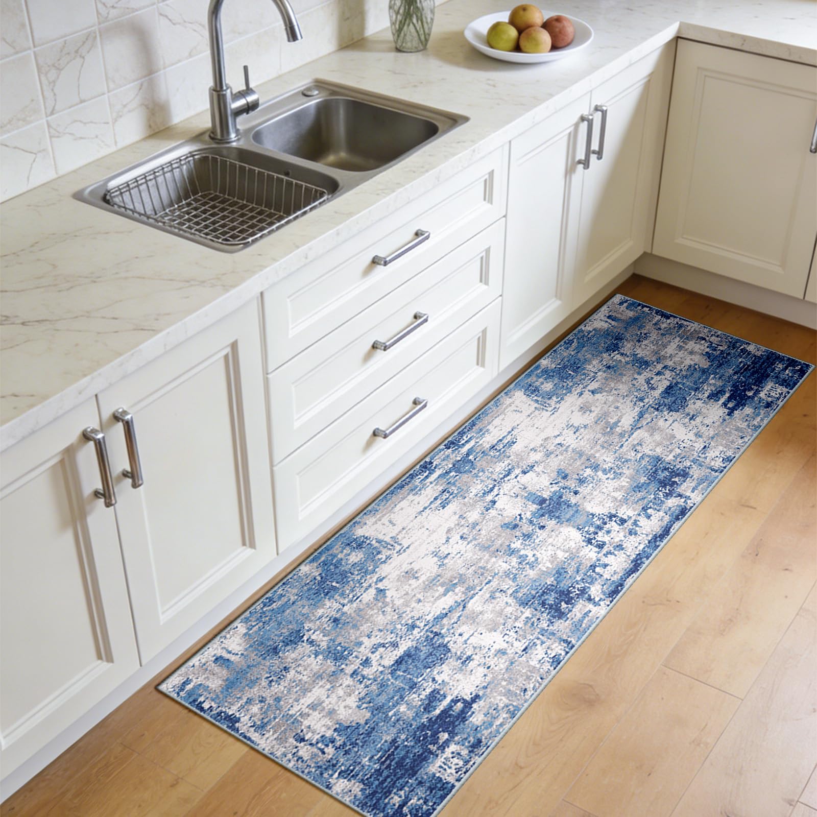 Alfombra Pasillo 60 x 240 cm, Antideslizante, Alfombra Pasillo de Pelo Corto para Cocina, Lavable, Plegable, Diseño Abstracto para Entrada, Cocina, Salón y Oficina, Gris Azulado