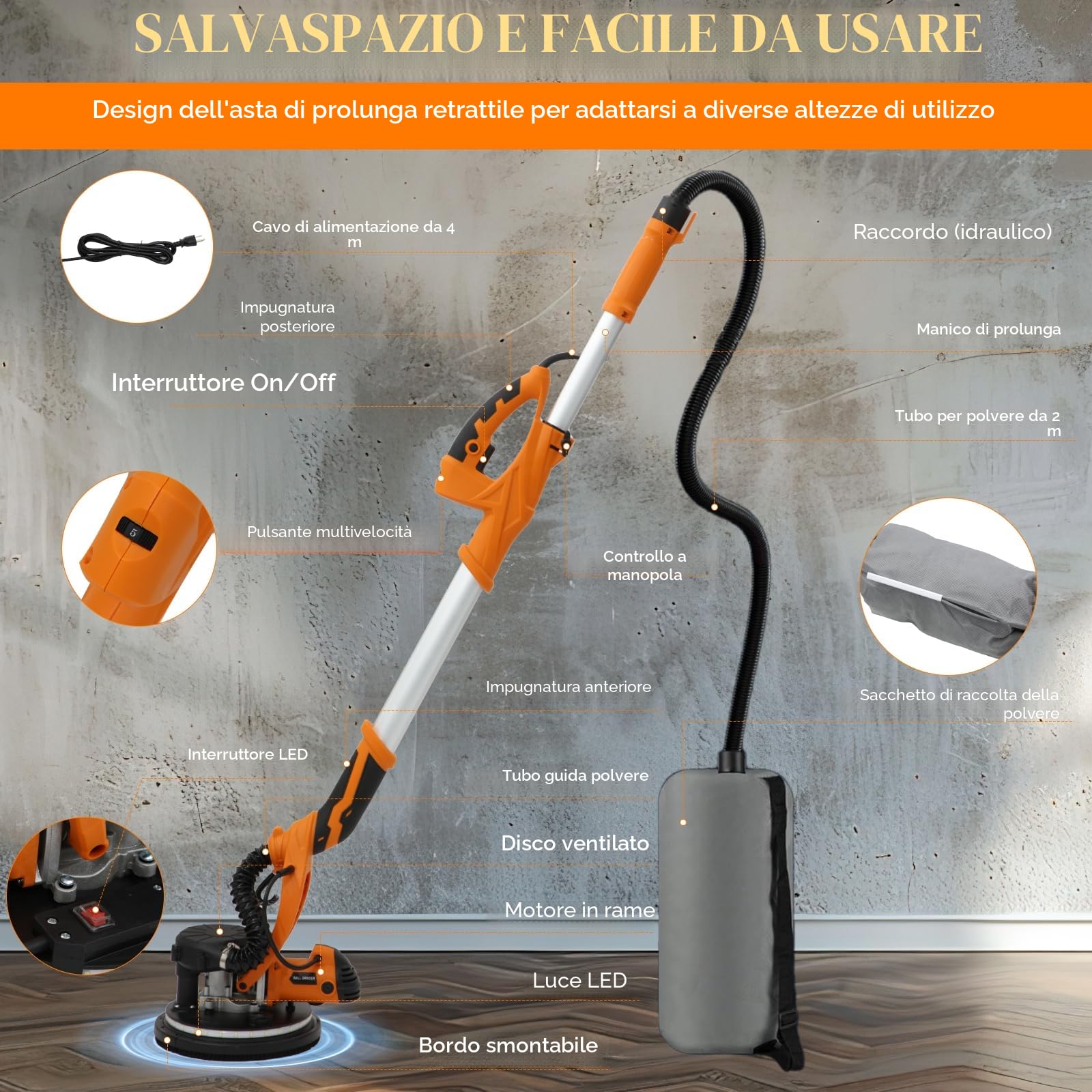 Ponceuse Girafe, 1250W Ponceuse Mur et Plafond, 5 Vitesses Variables 800-1800RPM avec poignée télescopique avec bande lumineuse LED et sac de collecte de poussière par aspiration