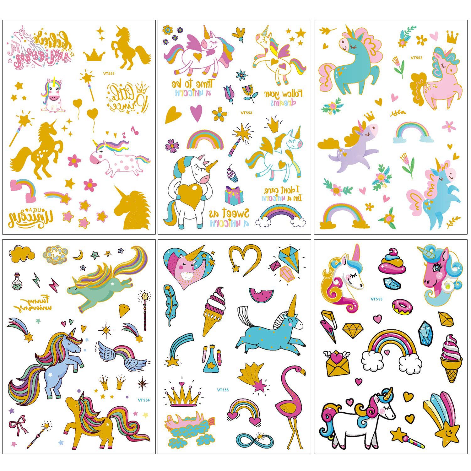 Unicorn Party Supplies Temporary Tattoos - Glitter Unicorn Birthday Party Favors, Cute animated unicorn + Halloween Easter Makeup (6 Sheet)