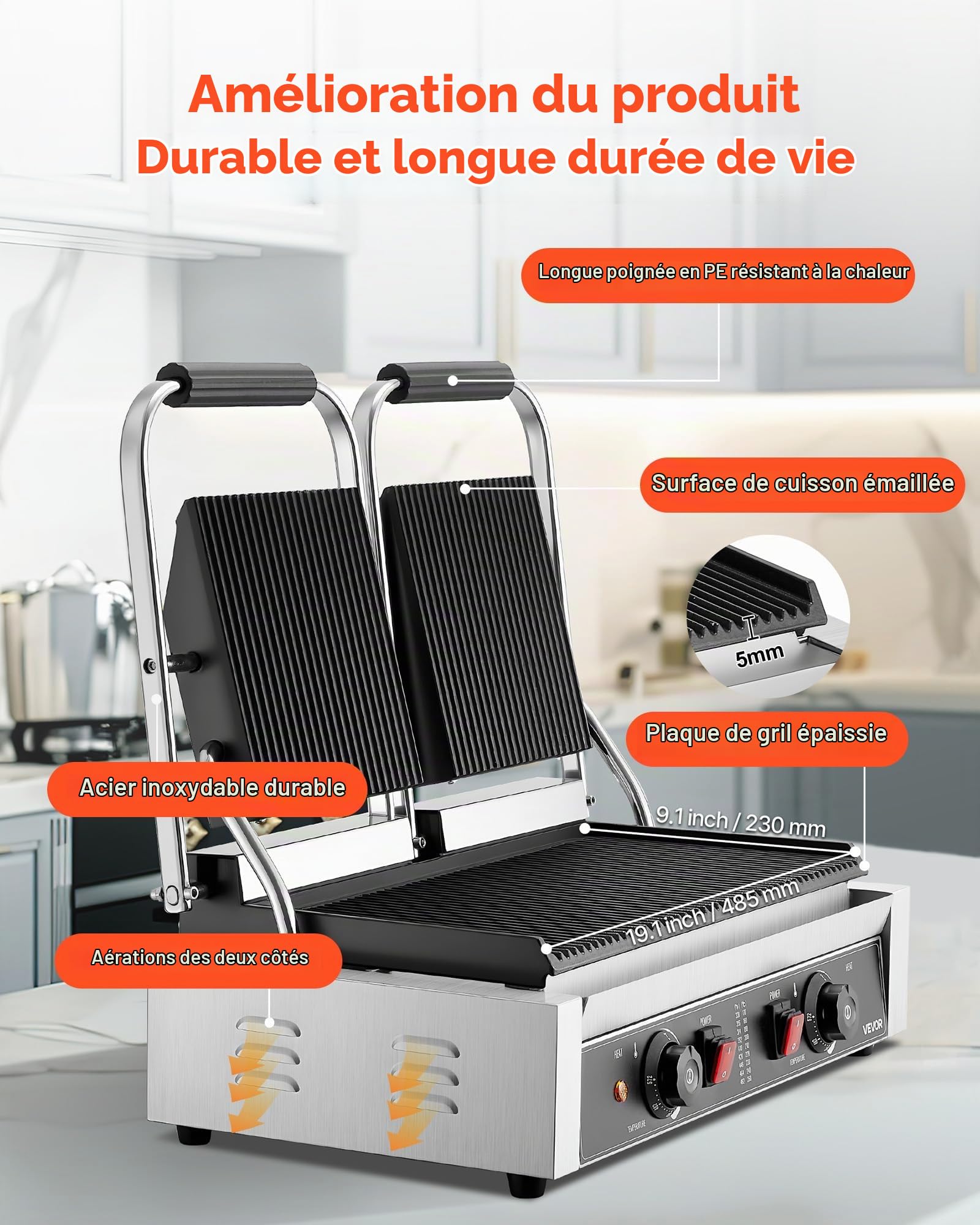 VEVOR Gril Panini Électrique 3600 W, Double Presse à Panini avec Plaque Émaillée Rainurée de 48,5x23 cm, Appareil à Sandwich en Inox, Contrôle de la Température, pour Hamburger, Steak, Cuisine
