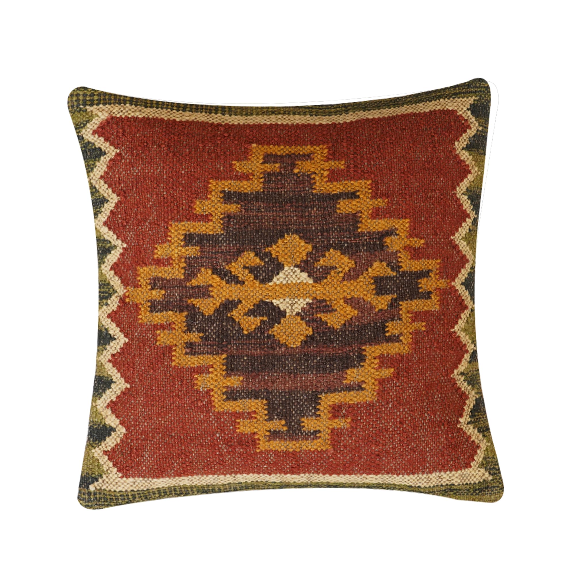 INDACORIFY Funda de cojín de Yute de Lana India Tejida a Mano de 18.0 x 18.0 in, Funda de Almohada Kilim Decorativa para Exteriores, Fundas de Almohada Bohemias para decoración del hogar