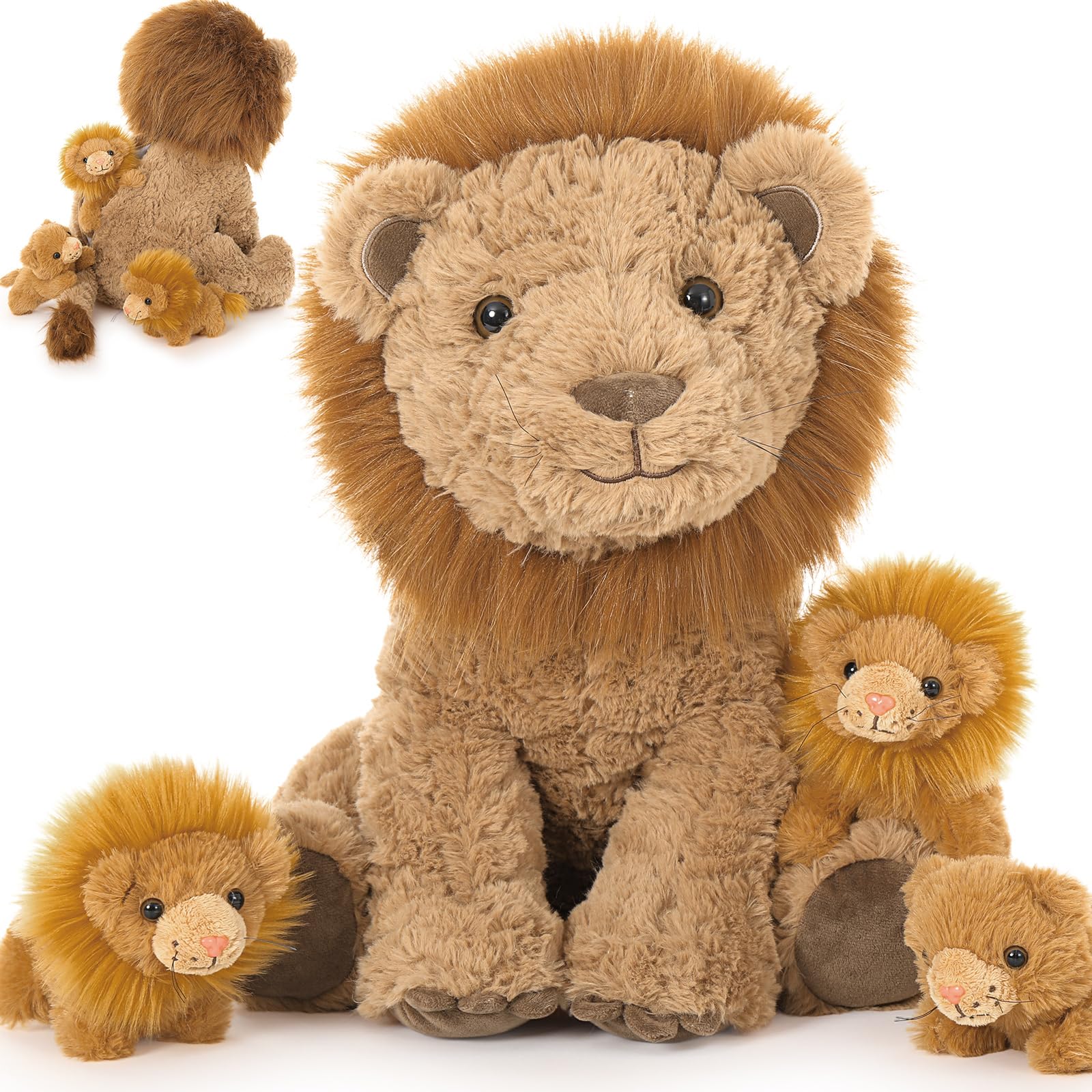 MorisMos Big Lion Teddy Soft Toy, 45cm Cuddly Fluffy Lion Mom with 3 Babies Inside, Large Brown Stuffed Animal Kawaii Plushies Gift for Kids Birthday Deco — image 1