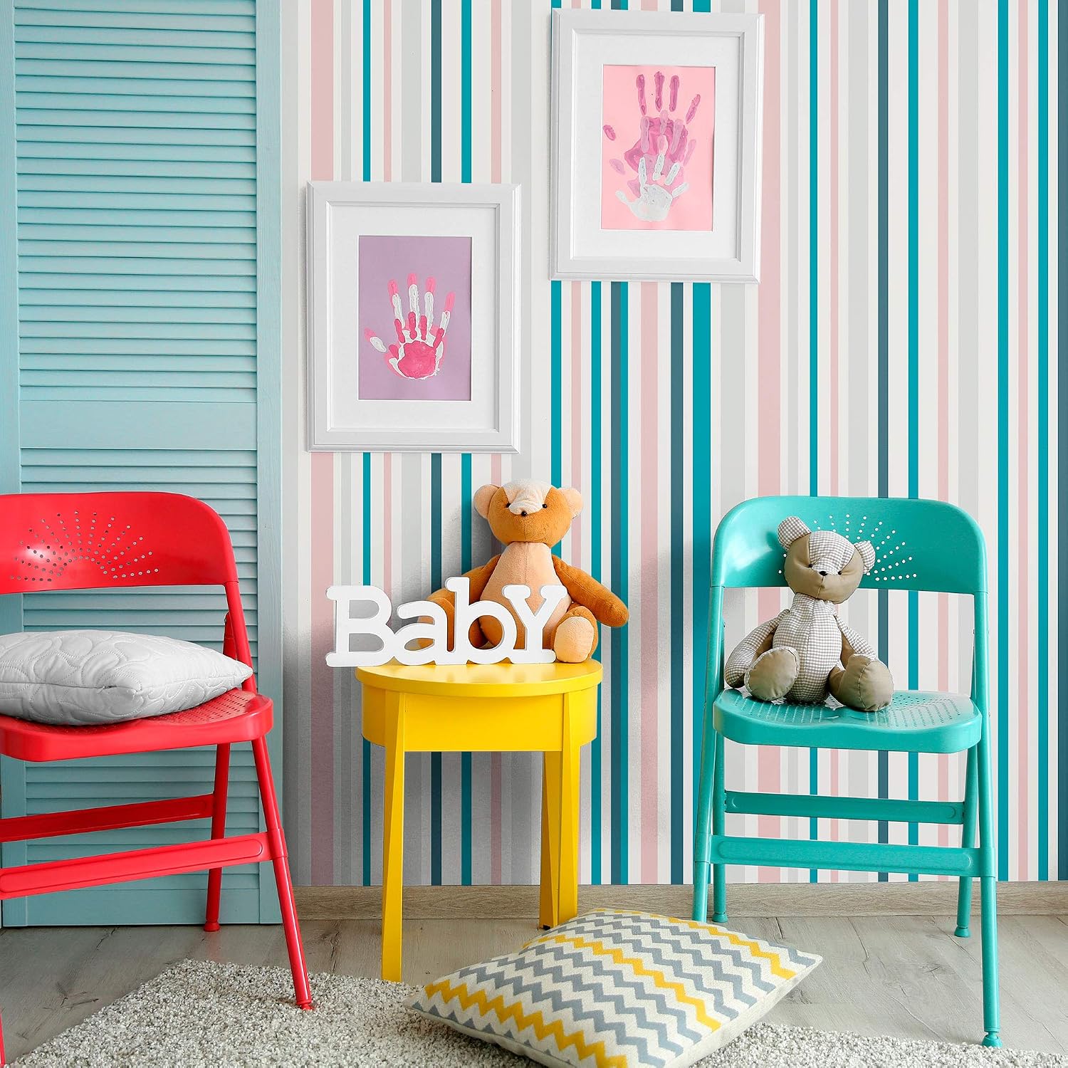 Walls By Me Peel and Stick Teal and White Striped Removable Wallpaper 0297-2ft x 4ft (61x122cm)