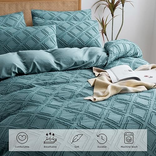 Miniatura 3 de JELLYMONI Juego de funda de edredón azul grisáceo, talla individual, 3 piezas, microfibra, estilo capitoné, texturado, bohemio, patrón geométrico de