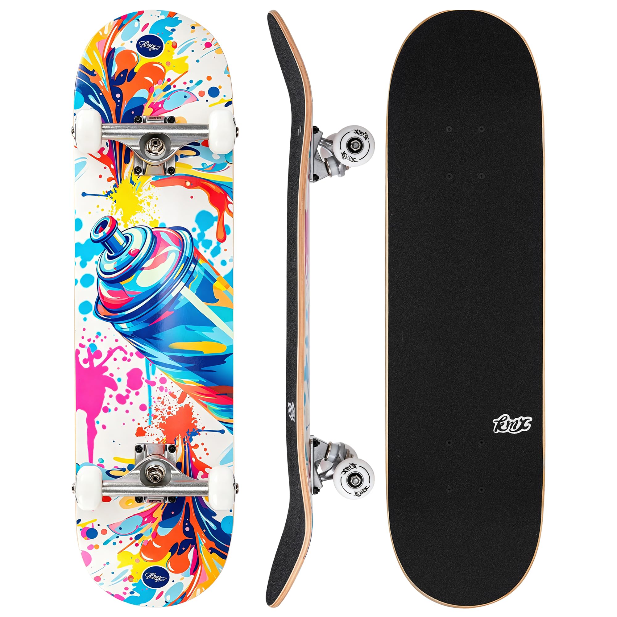 KMX Komplett Anfänger Skateboard mit coolem Design, Skate-Tool | für Jungen,Mädchen,Kinder,Schüler,Erwachsene,7-Lagiges Ahorn-Deck,Double Kick Concave,Aluminium-Achsen,PU-Rollen