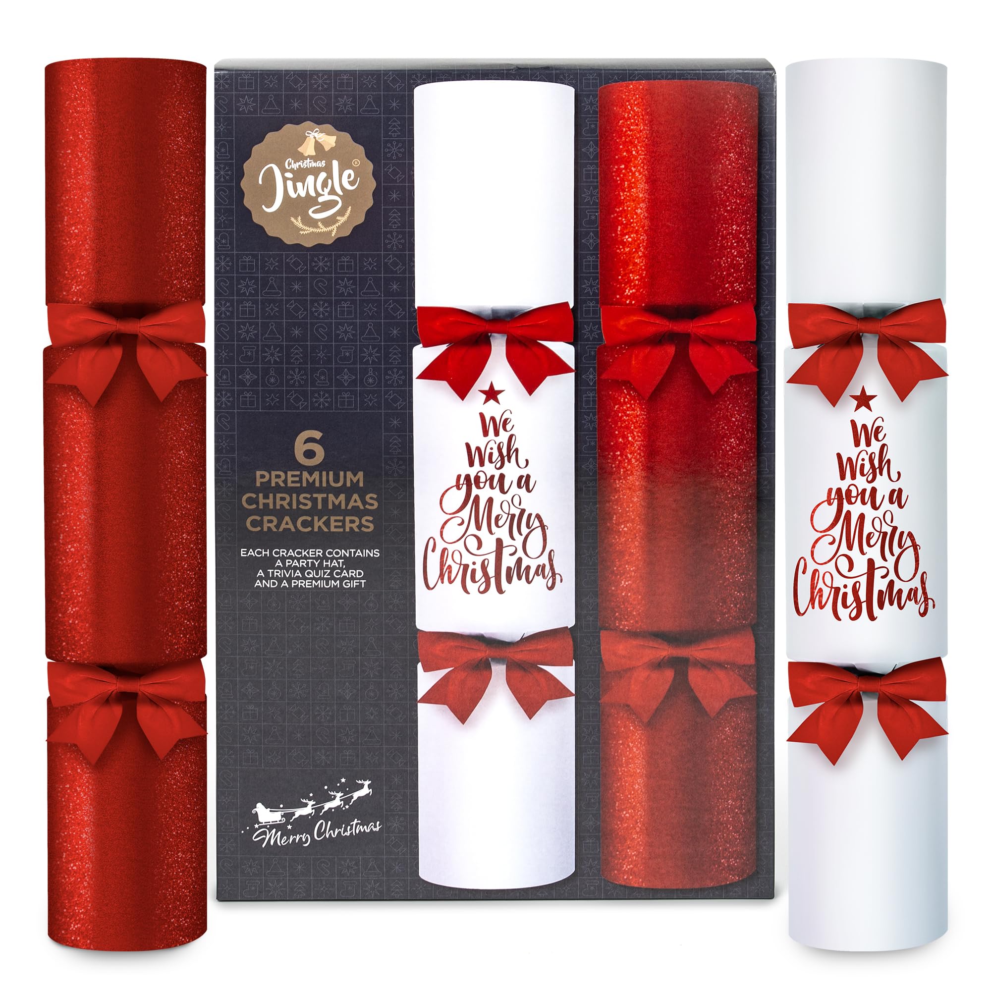 Premium Red & White Christmas Crackers – 6 x Luxury 14" Crackers with Velvet Bows – Includes Hat, Quiz Card & Premium Useful Gifts – Elegant Festive Table Decoration