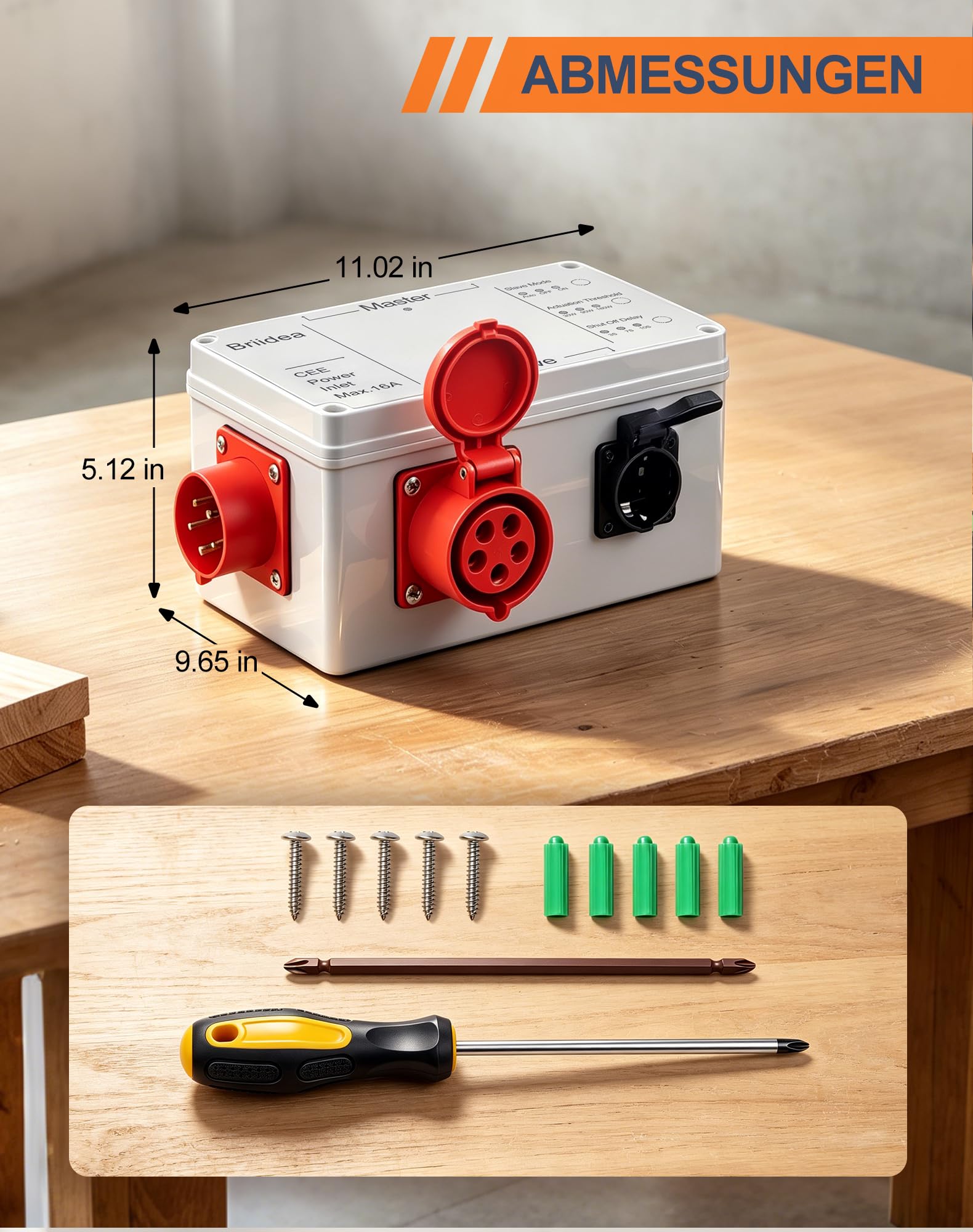 Einschaltautomatik 3Ph 400V & 230V, Mit 230V Schuko & CEE 16A 400V Anschluss, Auto/OFF/ON Modus, Einstellbare Verzögerung, Für Absaugung, CNC, Säge, Fräse & Holzwerkstatt, Automatische Gerätekopplung