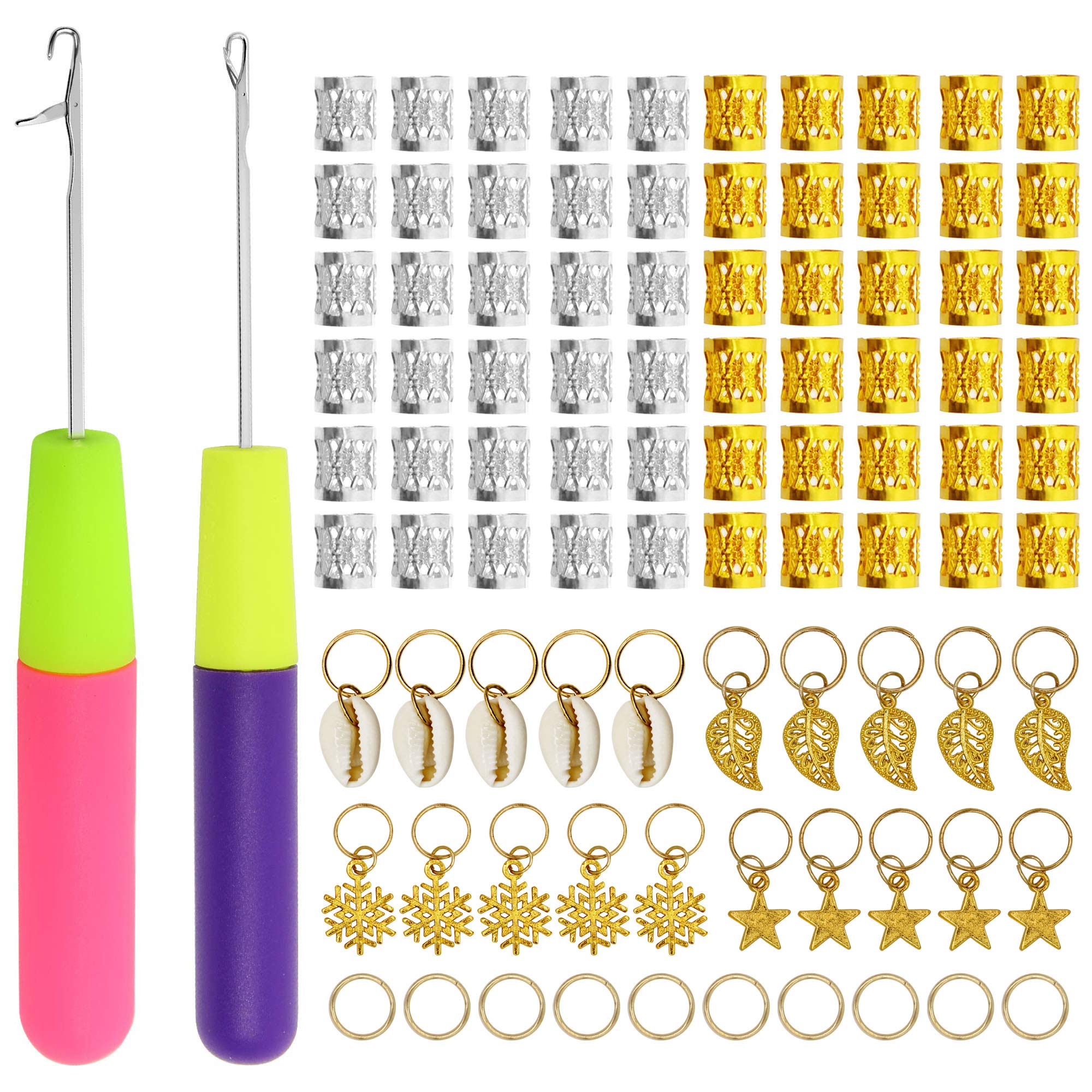 2Pcs Latch Hook Crochet Needle with 100 Pieces Hair Jewelry Rings Aluminum Hair Accessories Dreadlocks Braiding Beads Gold Silver Metal Cuffs Decoration Filigree Tube for Braids Hair Passion Twist