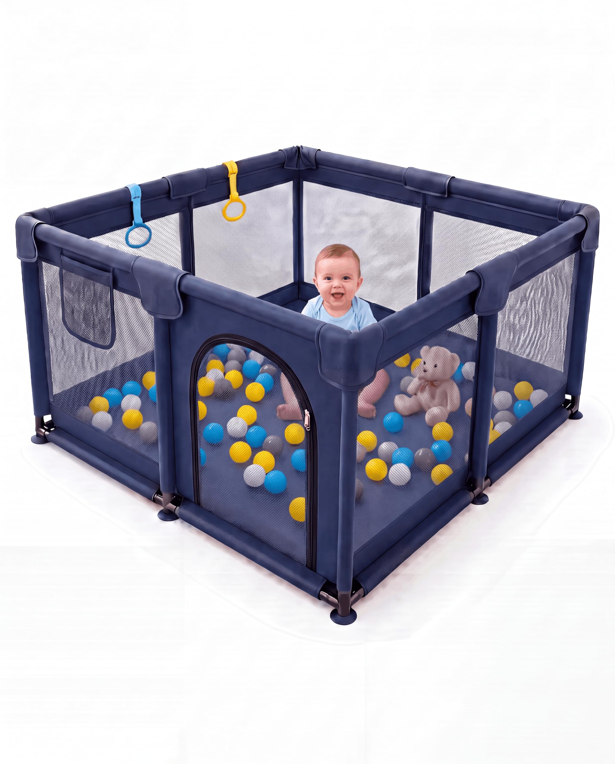 Playpen for Baby and Toddlers, Padded Baby Play Pen with Visible Breathable Mesh, Easy Assembly Infant Fence Barrier, Indoor Playard, Nursery Furniture for Babies 120X120cm (Blue)