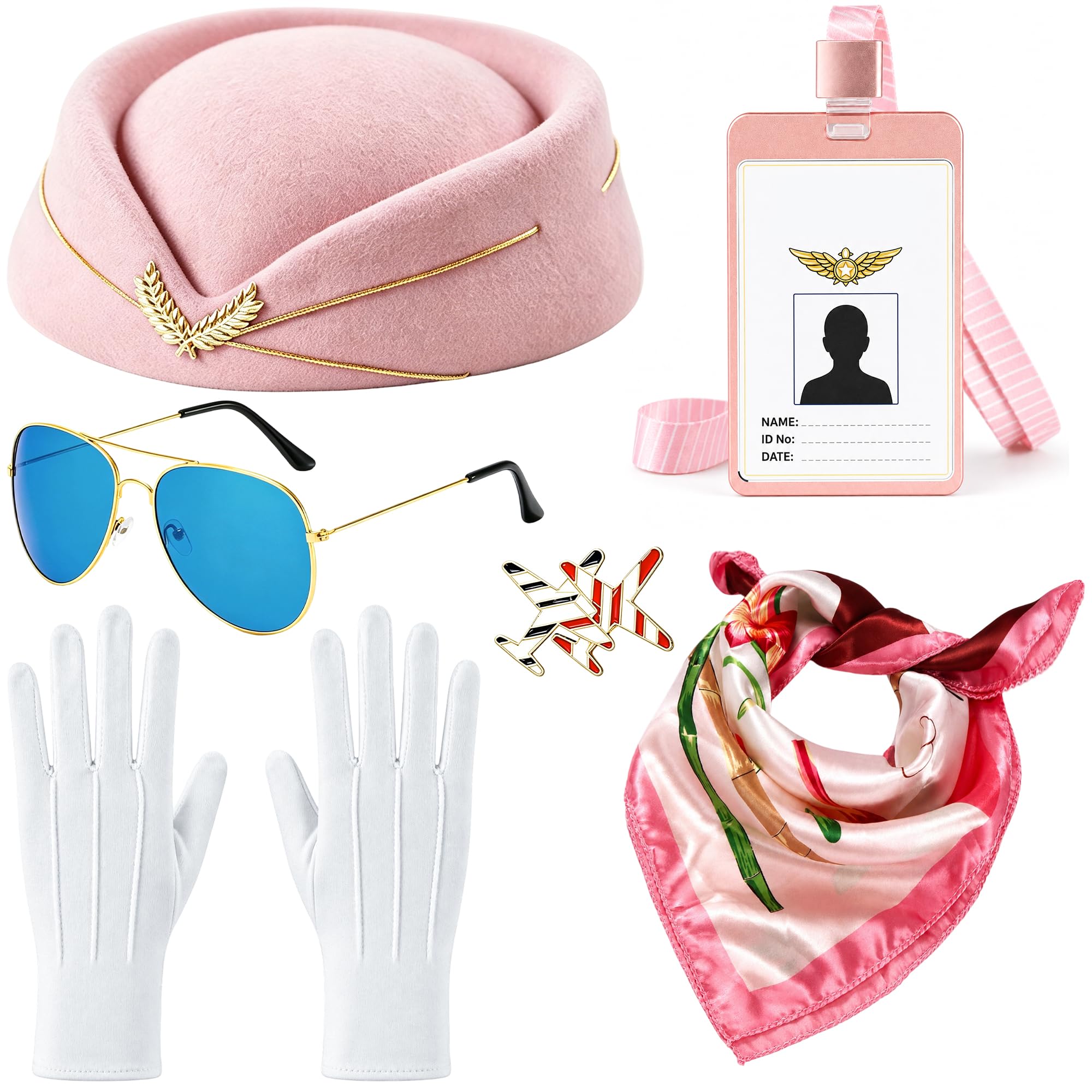 CozDazz 6PCS Flight Attendant Costume Accessories for Women, Air Hostess Costume Set with Hat Scarf Gloves Sunglasses ID Card & Plane Brooch, Stewardess Pilot Costume Women Fancy Dress