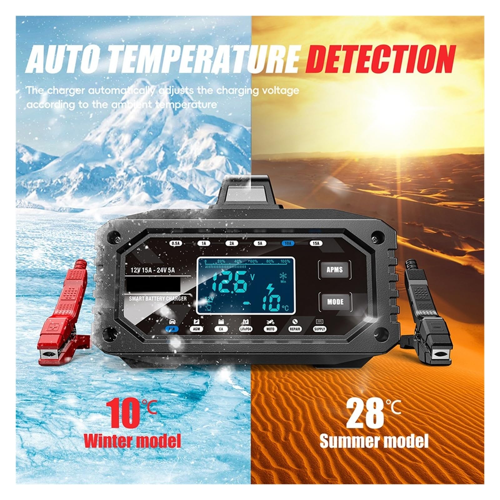 Ładowarka Baterii, Ładowarka samochodowa 15A 12V 24V z wyświetlaczem LCD, wzmacniacz samochodowy, ładowarka samochodowa Moto