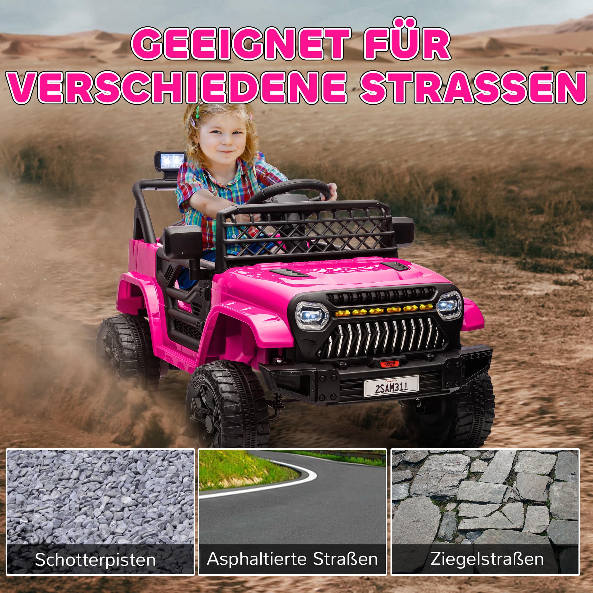 AIYAPLAY Kinder Elektroauto 12V 2,4 GHz Fernbedienung für 3-8 Jahre Rosa | Kinderauto Elektrisch, Hupe, LED Kinderfahrzeug, Musik, USB-Anschluss, Sanftstart, 4 Gefederten Rädern, Bis 5km/h