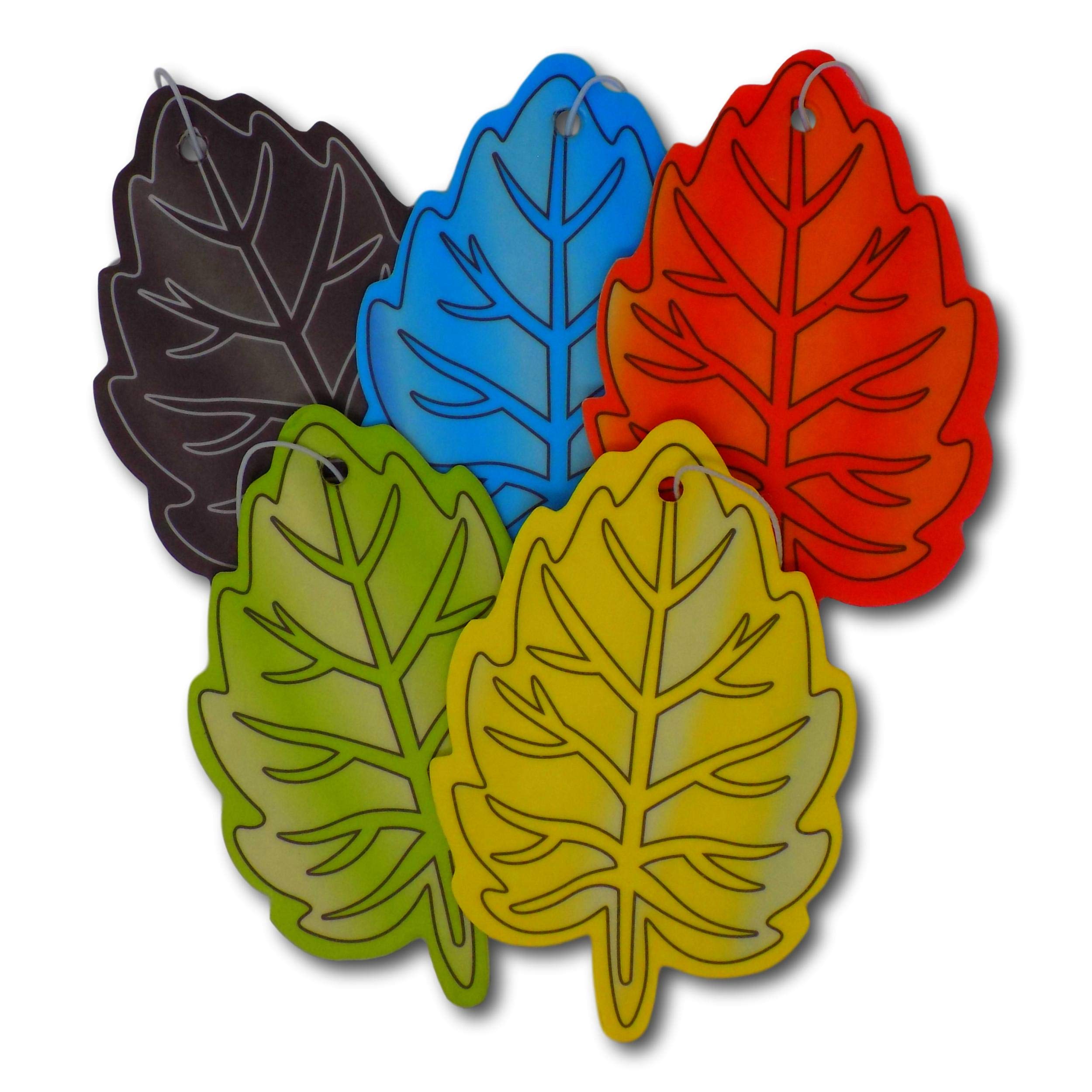 EPOSGEAR 5 Pack Assorted Leaf Design Car Air Fresheners - 5 Scent Variety Pack - With Elastic Hanging Loop
