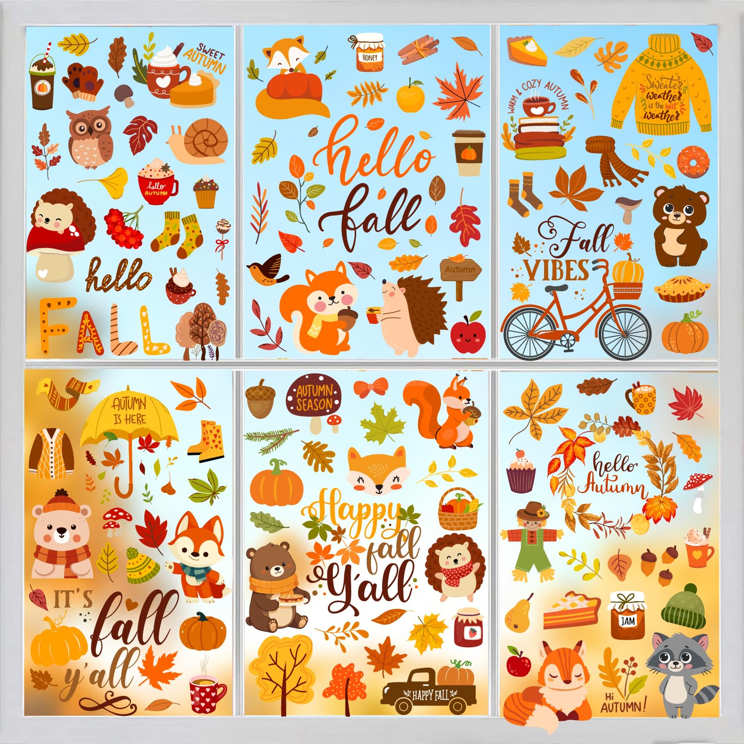 6 PCS Fall Window Clings Cute Fall Window Stickers Double Side Autumn Decals for Glass Fall Leaves Window Decorations for Home Indoor Outdoor Decorations