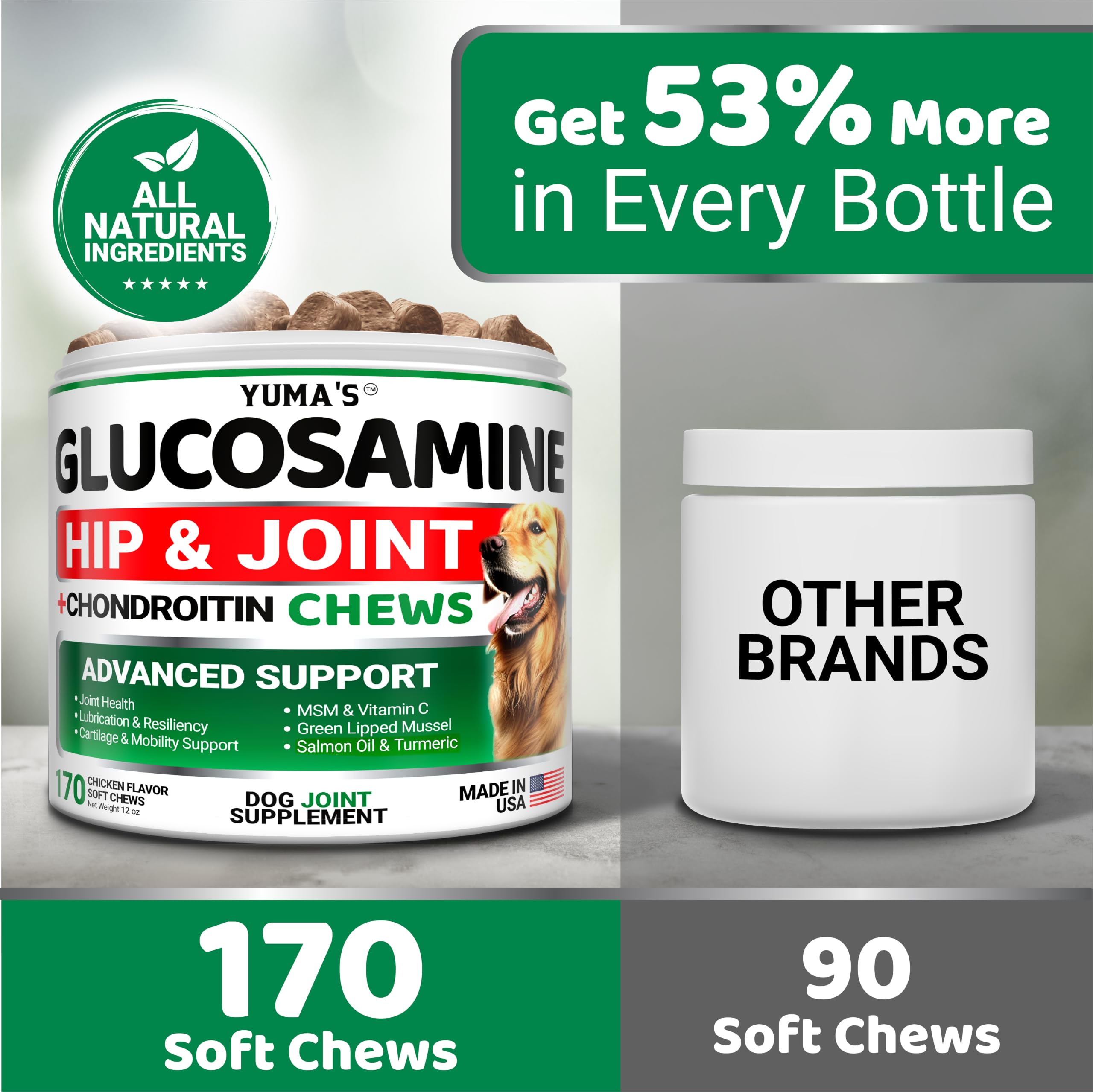 YUMA'S Glucosamine pour chiens - Supplément de hanche et articulation pour chiens - 170 CT - Glucosamine chondroïtine pour chiens à mâcher - Soulagement des douleurs articulaires pour chiens avec