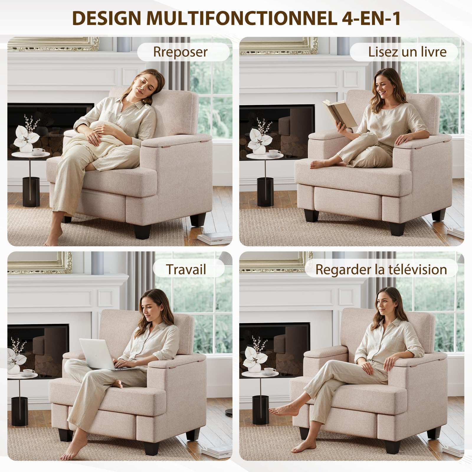 Extra-Larges Fauteuil Salon Rangement, Fauteuil Relax Rembourré avec Accoudoirs avec Rangement & Dossier Amovible, Fauteuil Relaxation avec Cadre en Bois pour Salon, Chambre à Coucher, Beige