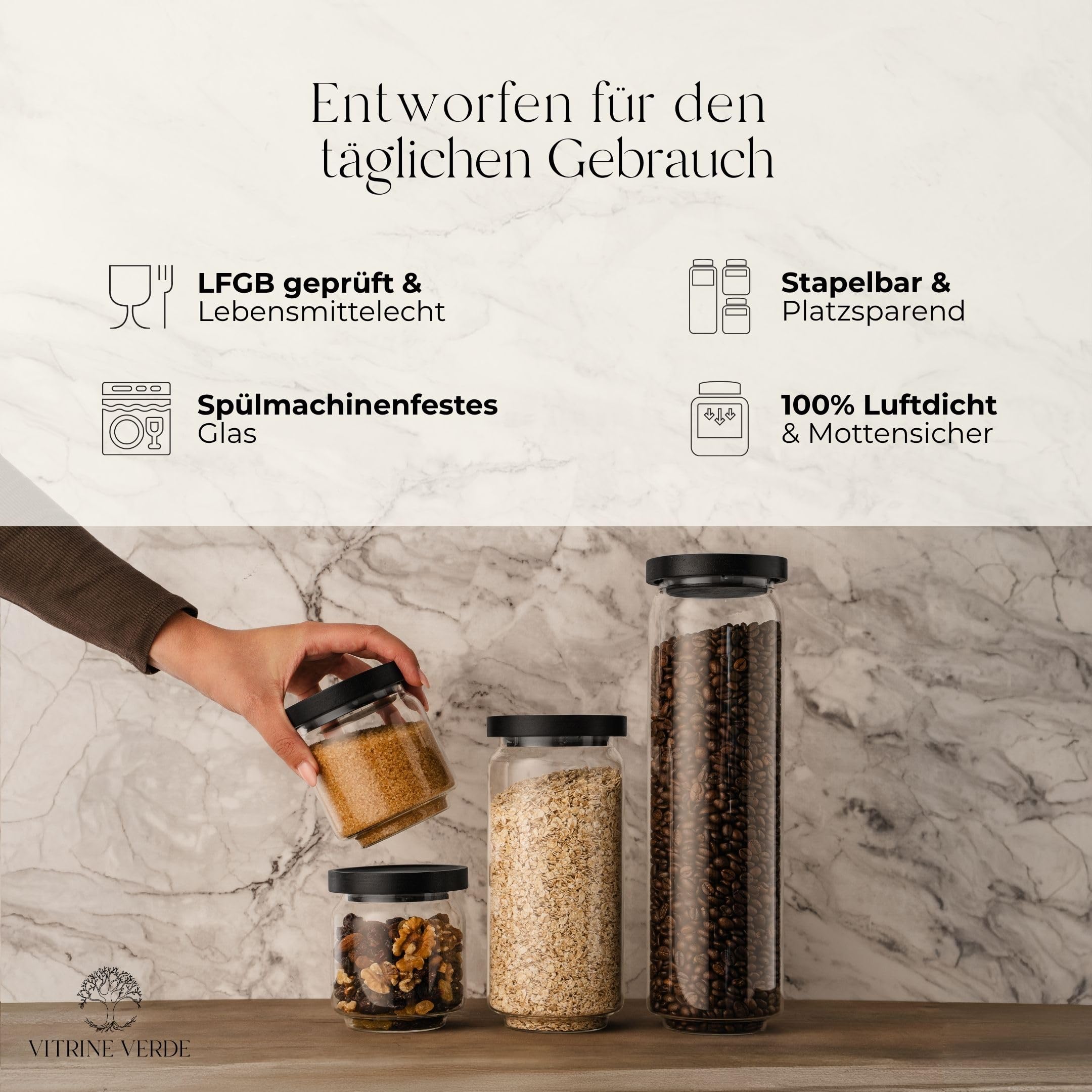 Vorratsgläser 6er Set mit Schwarzem Holzdeckel – Vorratsdosen Glas Luftdicht mit Deckel Stapelbar – inkl. 46 Etiketten & Marker – Borosilikatglas LFGB geprüft