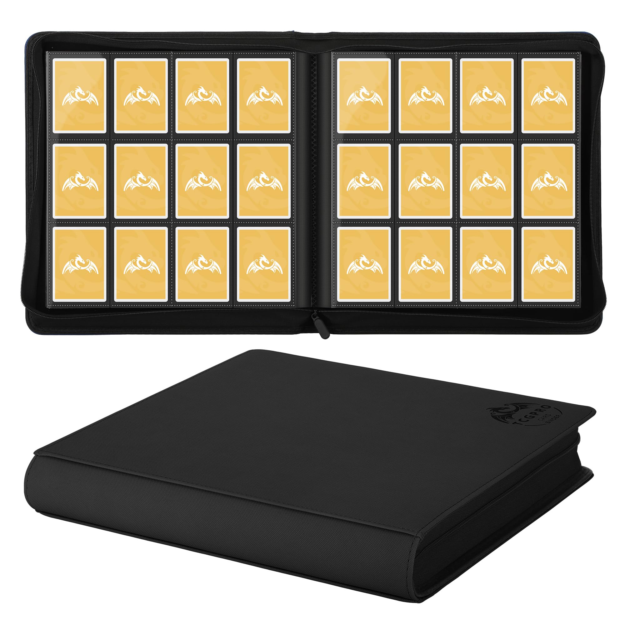 TCGPRO Sammelkarten Album 12 Fächer für bis zu 720, Karten Binder mit Reißverschluss seitlich für Standardgröße, Sammelkartenalbum für Sammelkartenspiele, Sportkarten, TCG etc. Schwarz