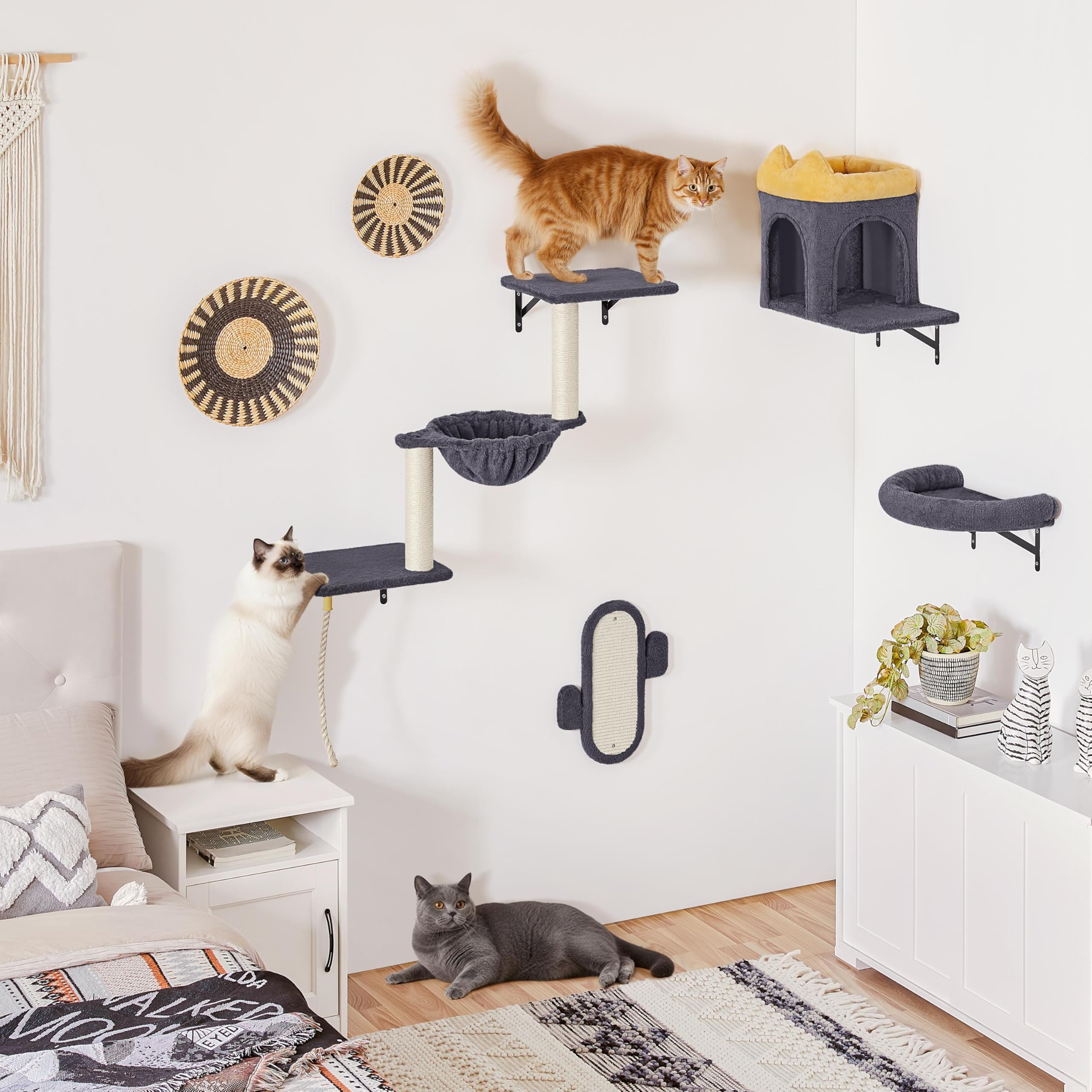 Yaheetech Kletterwand Katzen Wandelemente mit Katzenhaus & Korb dunkelgrau | Kletterwand-Set | Katzen Wandelemente | mit Kratzbrett Kratzsäulen | Ideal für kleine Räume | FSC-zertifizierten Spanplatten