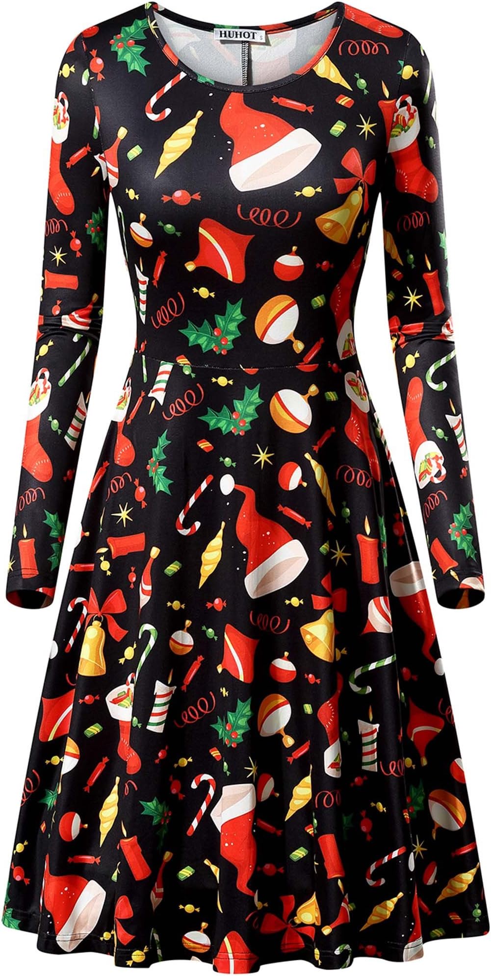 HUHOT Black Dresses Christmas, Women Xmas Santa Claus Print Flared A Line Dress(Black Bells,X-Large)