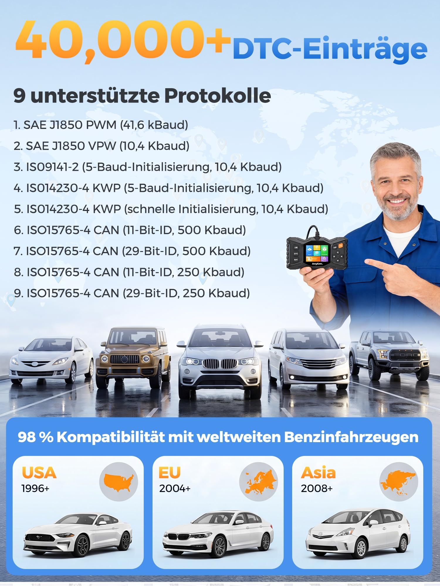 OBD2 Diagnosegerät Auto OBD Auslesegerät: OBDII Auto Lesegerät Scanner mit Motor Diagnose Funktionen, Deutsch Adapter KFZ Fehlerauslesegerät für Alle Fahrzeuge BMW, VW, Ford, Mercedes, Audi