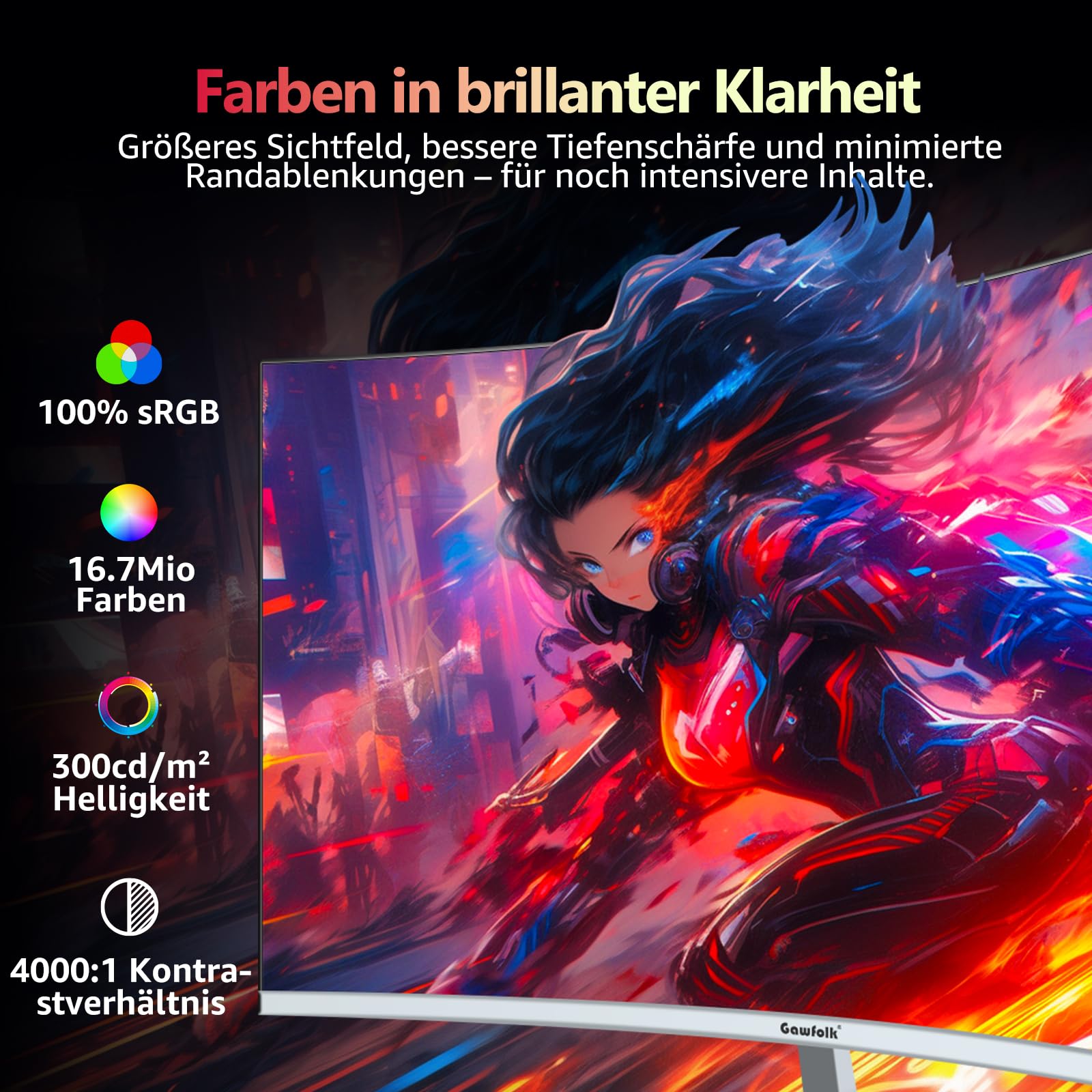 Gawfolk 27 Zoll Curved Gaming Monitor 200Hz, 1800R Full HD PC Bildschirm mit Lautsprecher, 1920x1080p Computermonitors for Home & Office, HDMI, VGA, unterstützt VESA 100 * 100MM