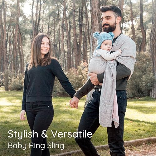 Miniatura 7 de Ring Sling - Portabebés probado en laboratorio, 100% muselina de algodón natural, transpirable y ergonómico, color rosa gris