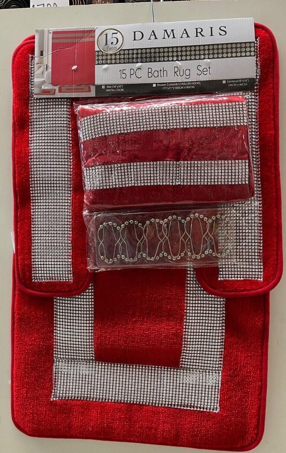 Damaris 15 Piece Shower Curtain, Rug, Contour Rug and 12 Rings with Silver Metallic Border (Purple)