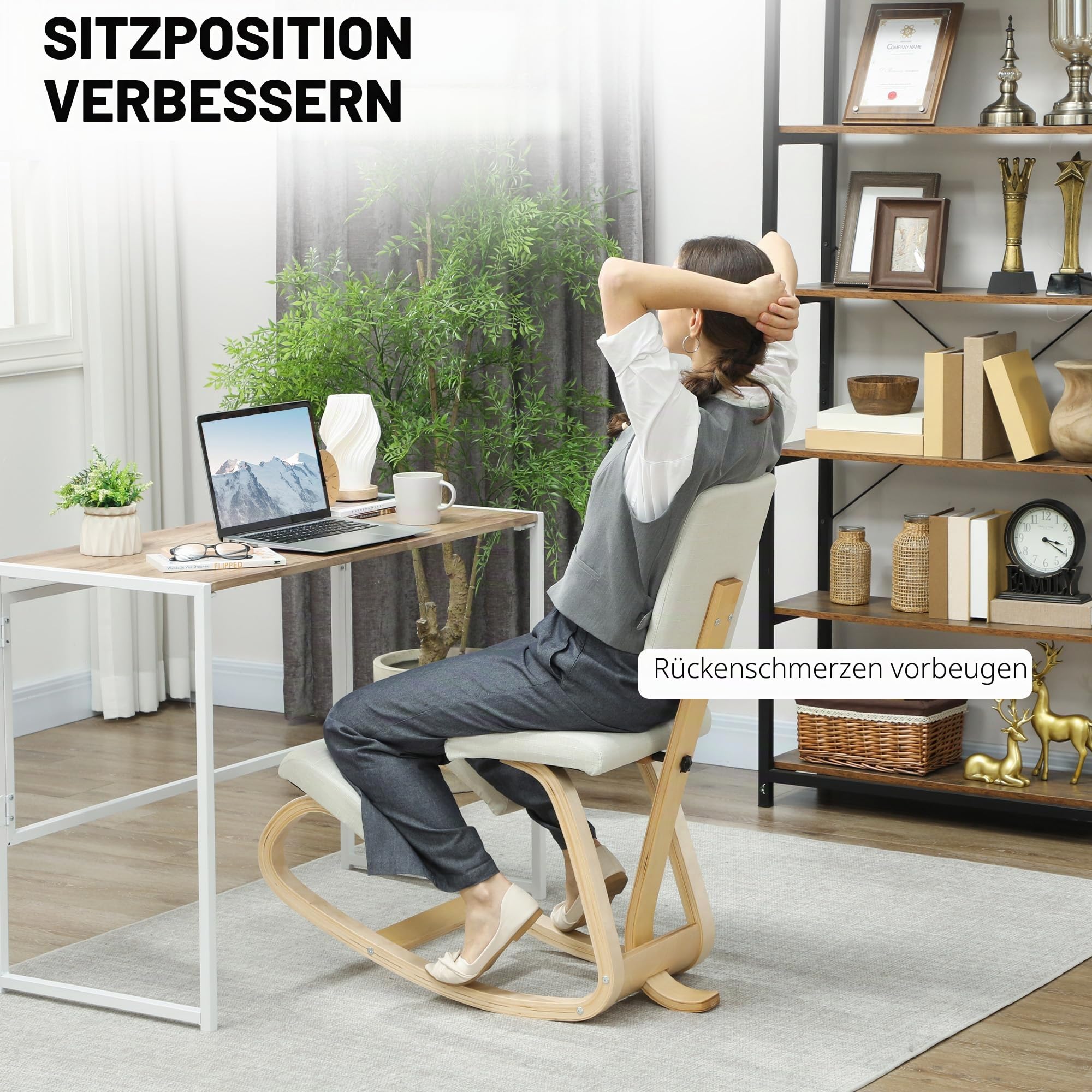 HOMCOM Ergonomischer Kniestuhl mit Rückenlehne, Sitz, Kniesitz mit Wippe, ergonomischer Hocker aus Holz, orthopädischer Bürohocker, Haltungskorrektor, lindert Rückenschmerzen, Creme