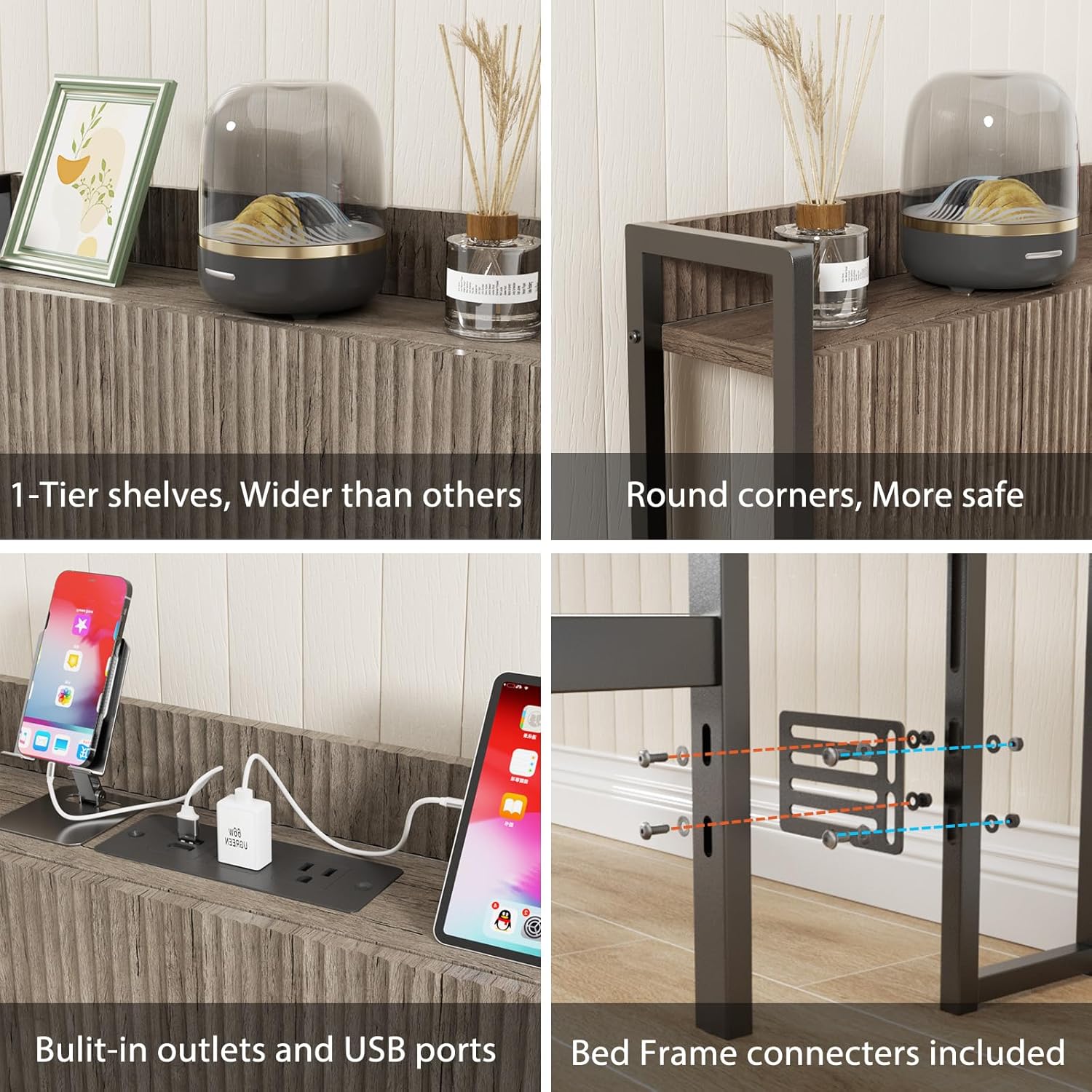 Queen Size Fluted Headboard Only with Outlets, Wall Mount Wood Headboard with Storage, Height Adjustable, Storage Rack, Sturdy and Stable, Easy Assembly(Grey, Queen)