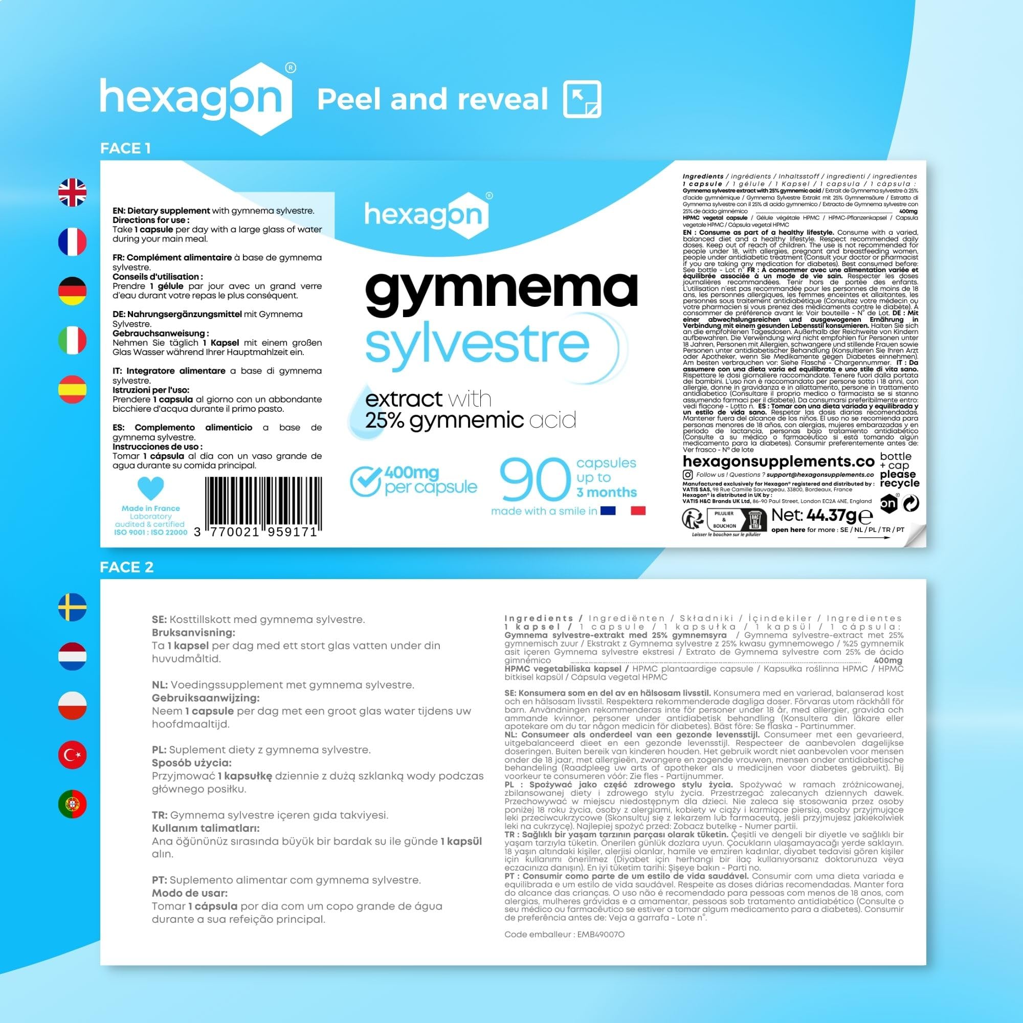Gymnema Sylvestre 400mg - Jusqu’à +3 Mois de Cure - Soutien Naturel - Gestion des Envies Sucrées - Made in France - 90 Gélules Végétales - Vegan - Hexagon