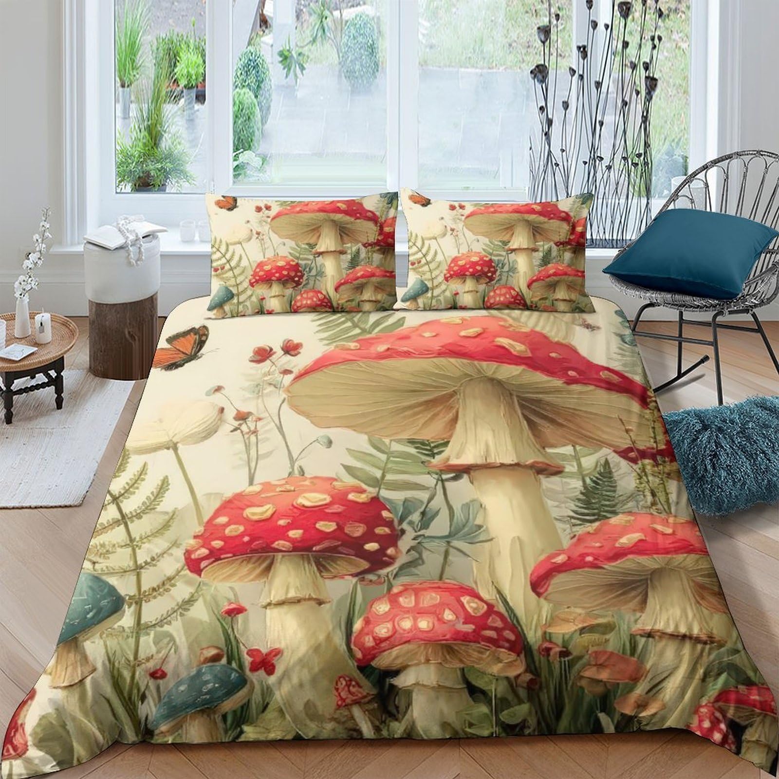 GPLZQXKJNH 3D Printed Mushroom Forest Duvet Cover Microfiber Soft Red Toadstool Bedding Set with 2 Pillowcases for Bedroom Decor Single（135x200cm）