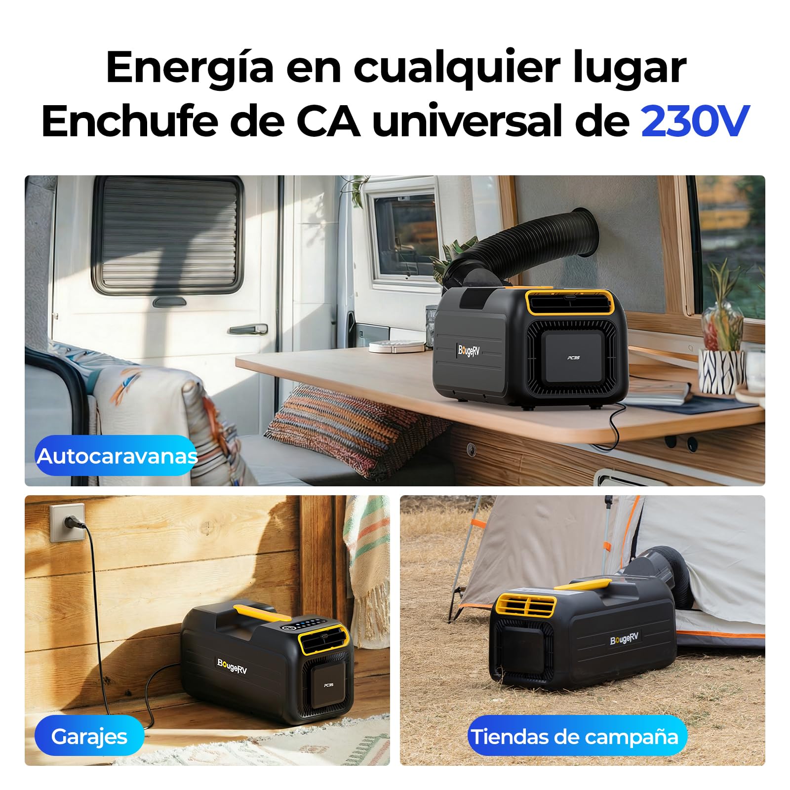 BougeRV Aire Acondicionado Portátil Camping 3500 BTU, Mini Enfriamiento Rápido 10 Min, Control App, 5 Modos, Gas R290, CA 100V-240V, para Tienda de Campaña, Furgoneta, Camper