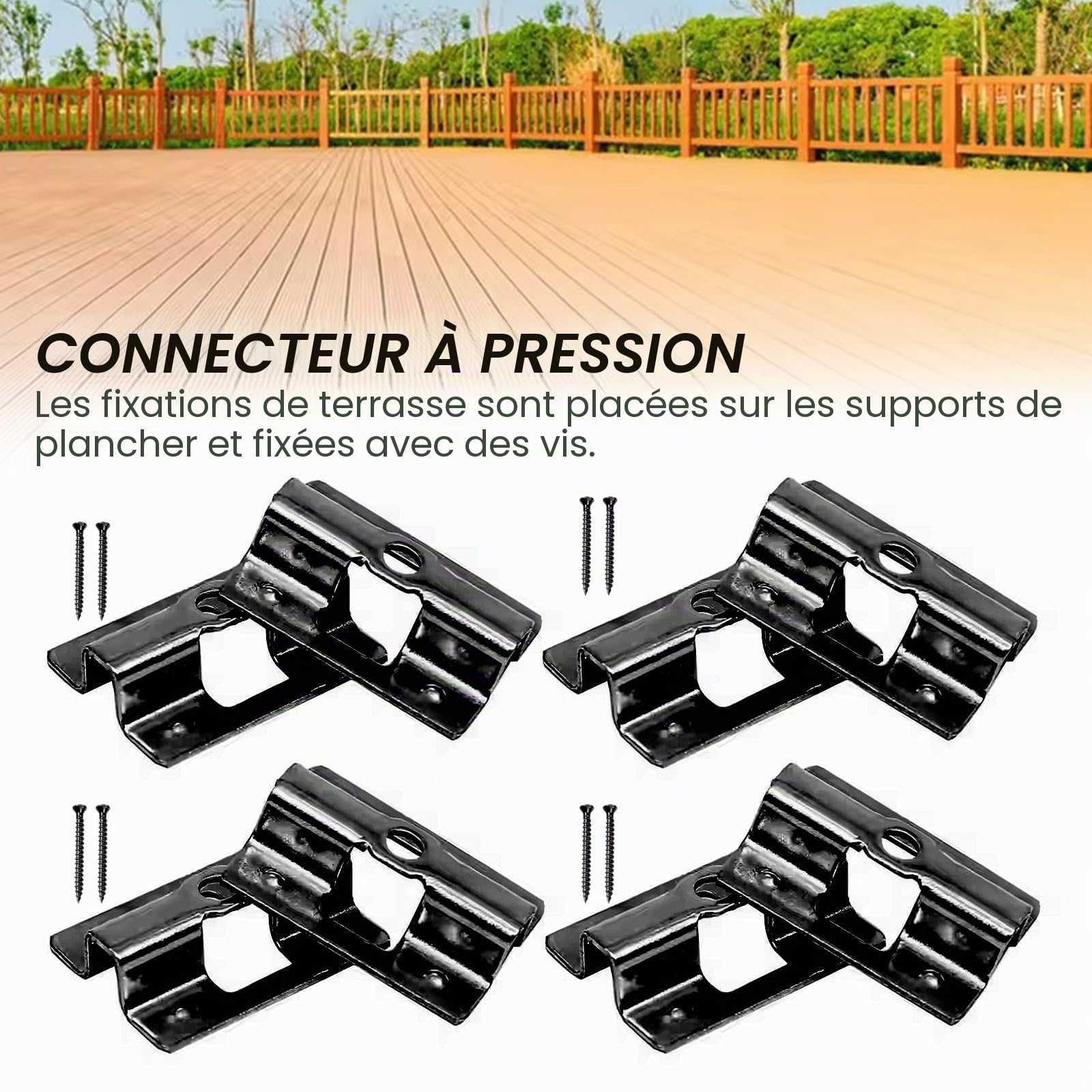 Lot de 100 clips de terrasse en acier inoxydable WPC en forme de U, clips de fixation avec 100 vis pour fermeture de sol en bambou, zone de serrage 6 mm/7 mm/8 mm/9 mm (noir 7 mm)