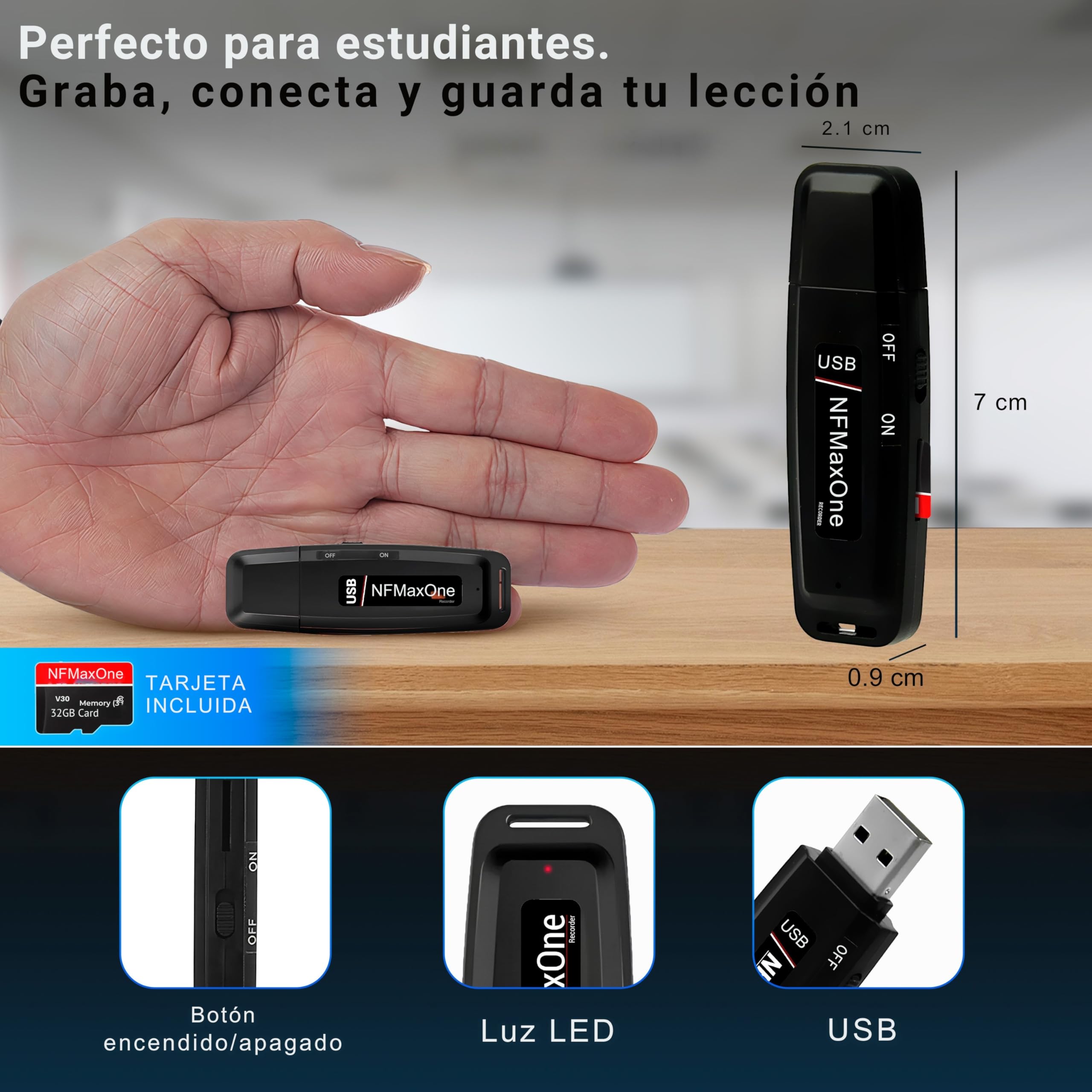 Grabadora de Voz Espia Digital con MicroSD de 32 GB incluida | Mini Grabadora de Audio Ideal para Reuniones, Entrevistas, Clases | Grabadora USB Espia Portatil con hasta 500 Horas Grabación NFMaxone