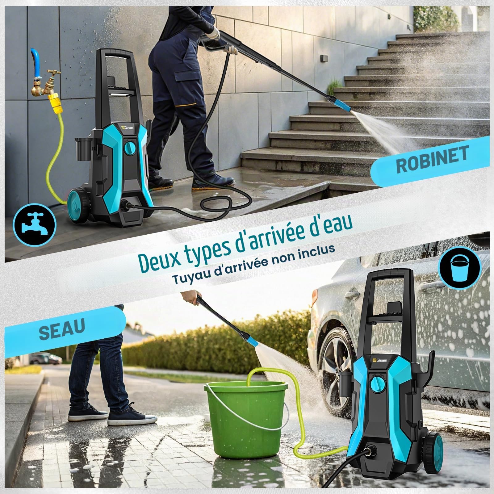 Gisam 2200W Nettoyeur Haute Pression, avec Enrouleur De Tuyau De 8m, Max 180bar,DéBit 480l/H,avec Bouteille De Savon Buse à Mousse, Pistolet Haute Pression pour, Voitures/ClôTures/Jardin