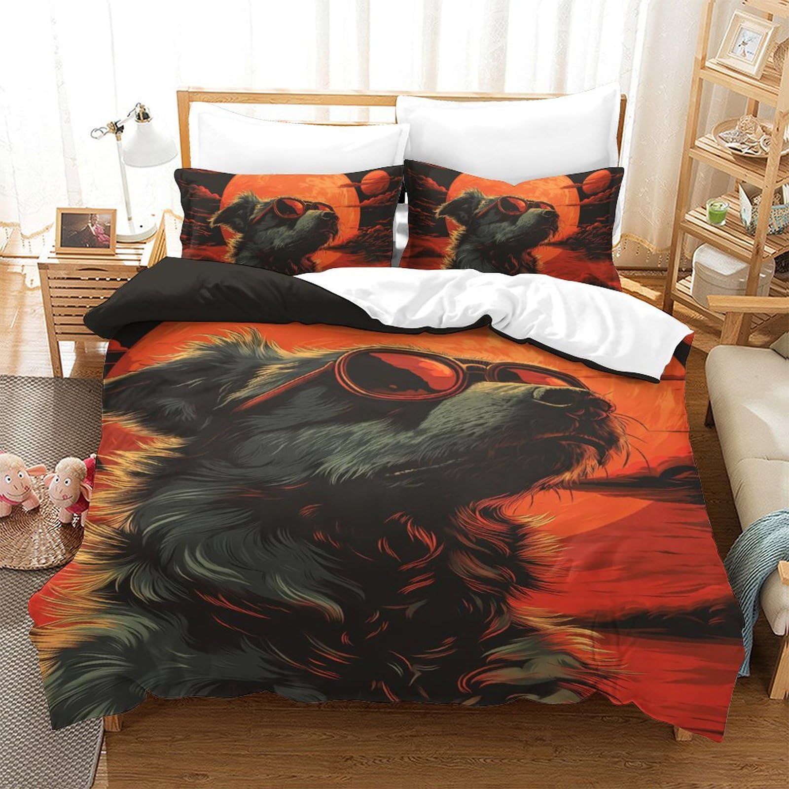 Parure de Couette Chien Imprimé 3D 140x200cm Lit Simple Microfibre avec Zip