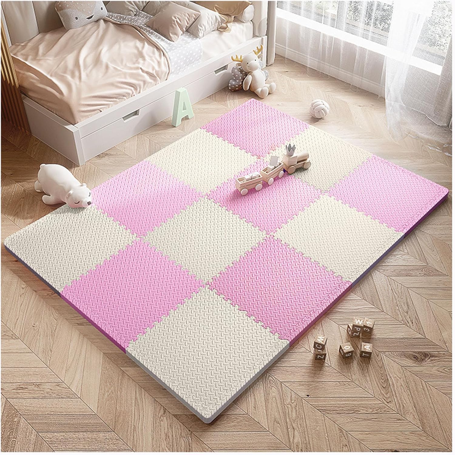 Tappetino da Gioco in Schiuma 16 pezzi/15,36 Piedi Quadrati 12x12 Pollici Multicolore tappetini ad Incastro Morbido Tappeto Puzzle in Schiuma(Beige+Pink)