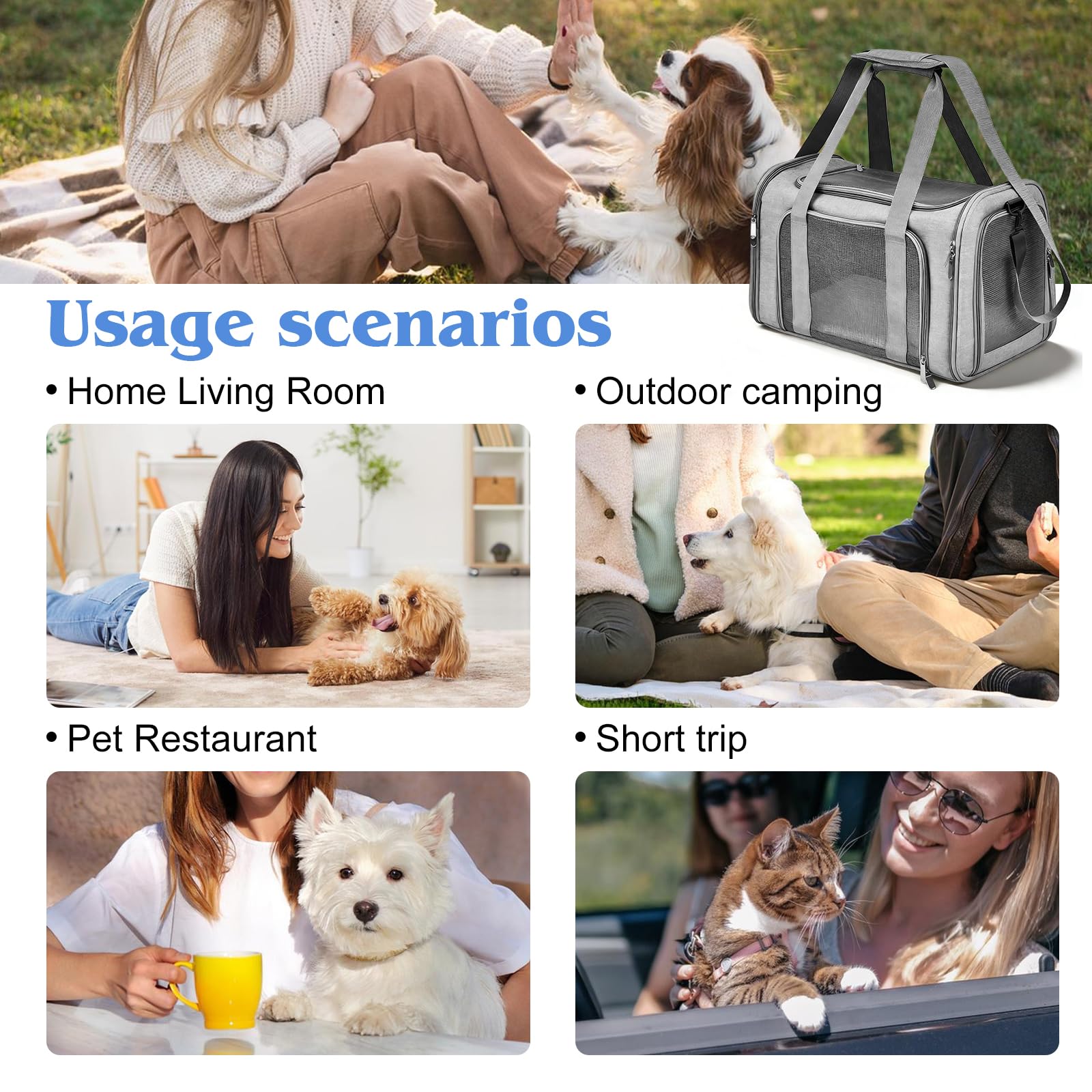 Sac Transport Chat Chien, 45 x 30 x 30 cm Sac de Transport pour Chat, Sac de Transport pour Animal, Sac de Transport pour Chats Pliable pour Chiens et Chats avec Bandoulière Réglable Gris, L
