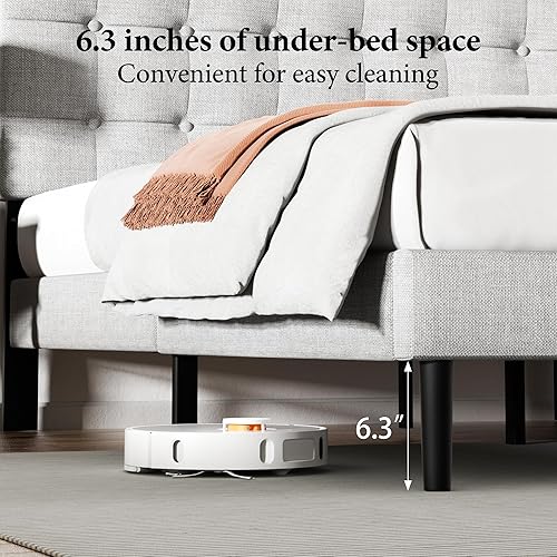 Miniatura 8 de UNIZONE Base de cama tapizada de tamaño matrimonial con cabecera capitoné, cama de plataforma con cabecera de tela de lino, soporte de listones de