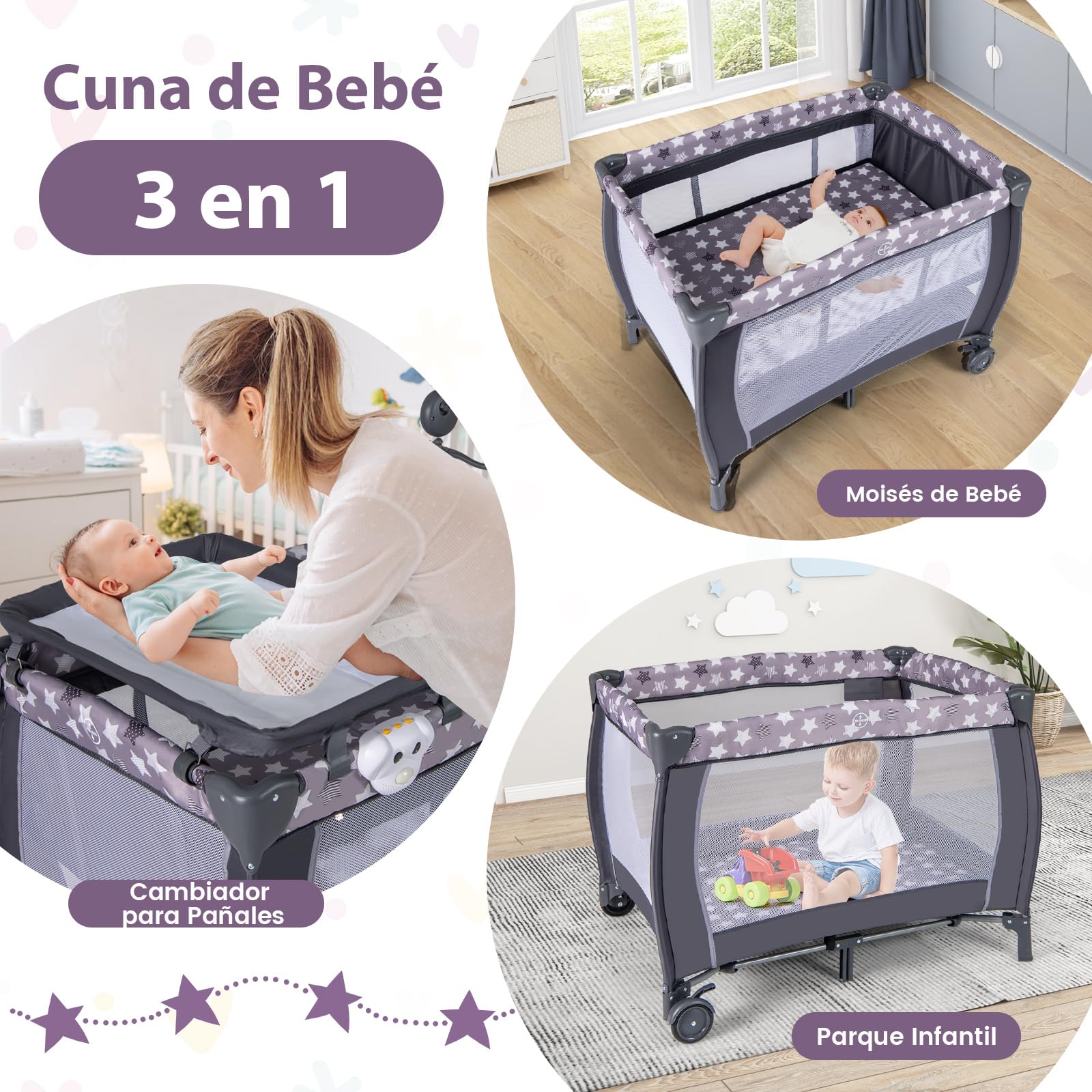 COSTWAY Cuna Bebe 3 en 1 con Cambiador de Pañales, Parque Infantil Portátil con Moisés Desmontable, Cuna de Viaje Plegable con Barra de Juguetes Giratoria, Colchón, Bolsa de Transporte (Natural)