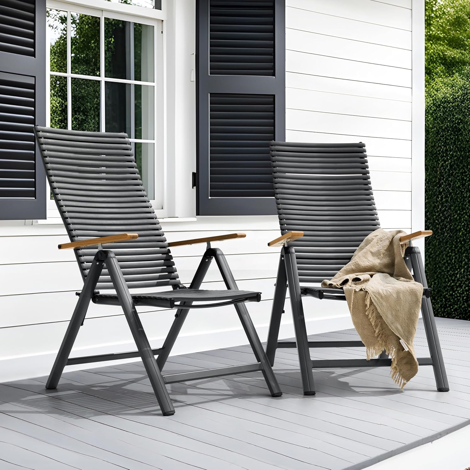 NUU GARDEN 2 Piece Outdoor Folding Patio Chairs, Outdoor Lawn Chairs, Patio Dining Chairs with Adjustable Backrests, Rust Proof and Lightweight Aluminum Frame, for Garden, Porch, Yard, Dark Gray