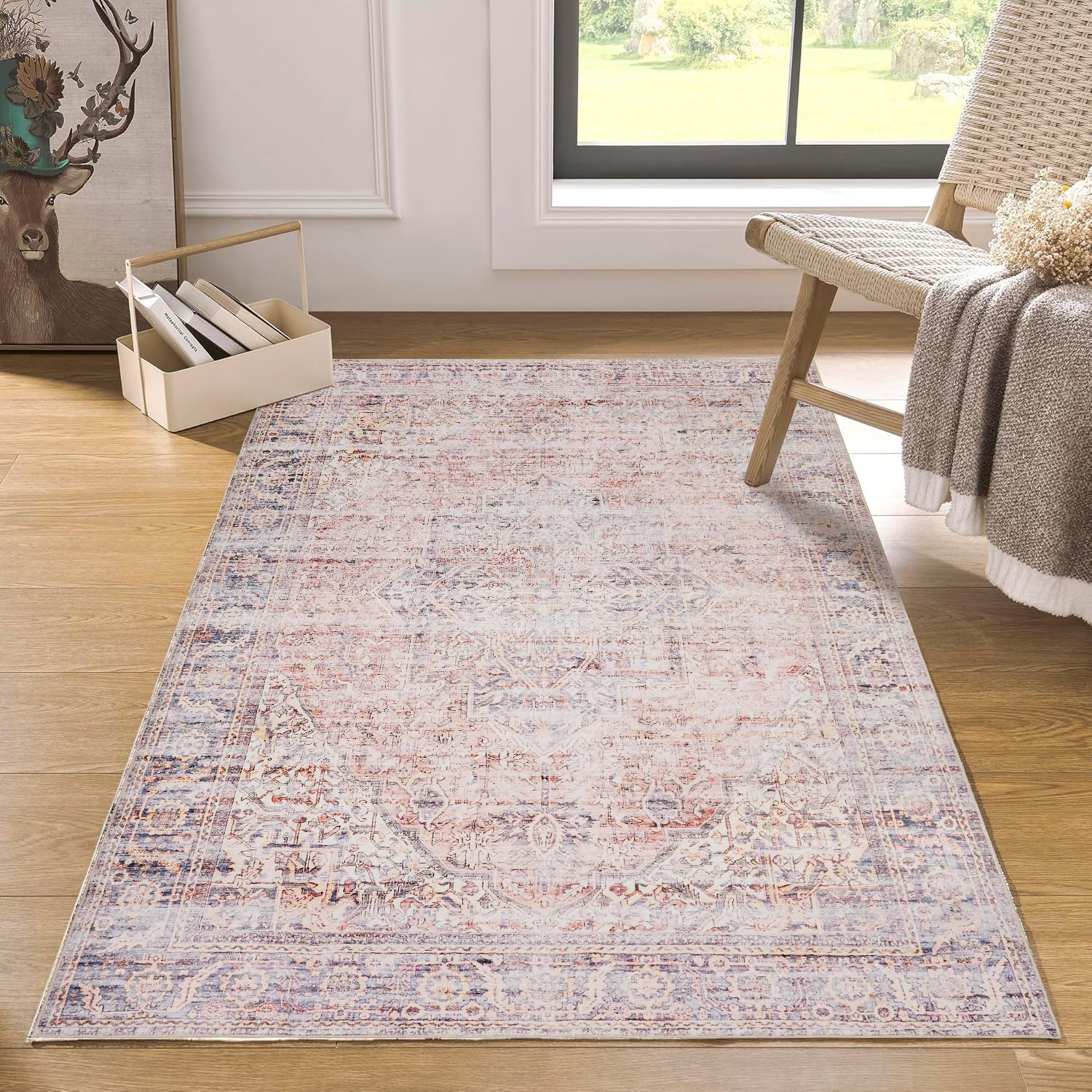 3x5 Washable Rug for Entryway Indoor Pink Carpet Entryway Runner Rug Non Slip Cute Boho Farmhouse Vintage Floral Floor Cover