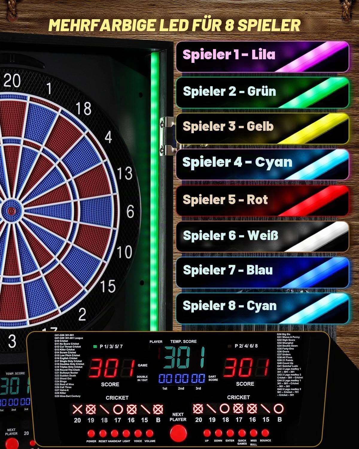 Elektronische Dartscheibe mit Rustikalen Holz-Schrank [12 Bronze Soft-Tip Pfeile], 8-Farben LED für 8 Spieler, Dart Scheibe Profi