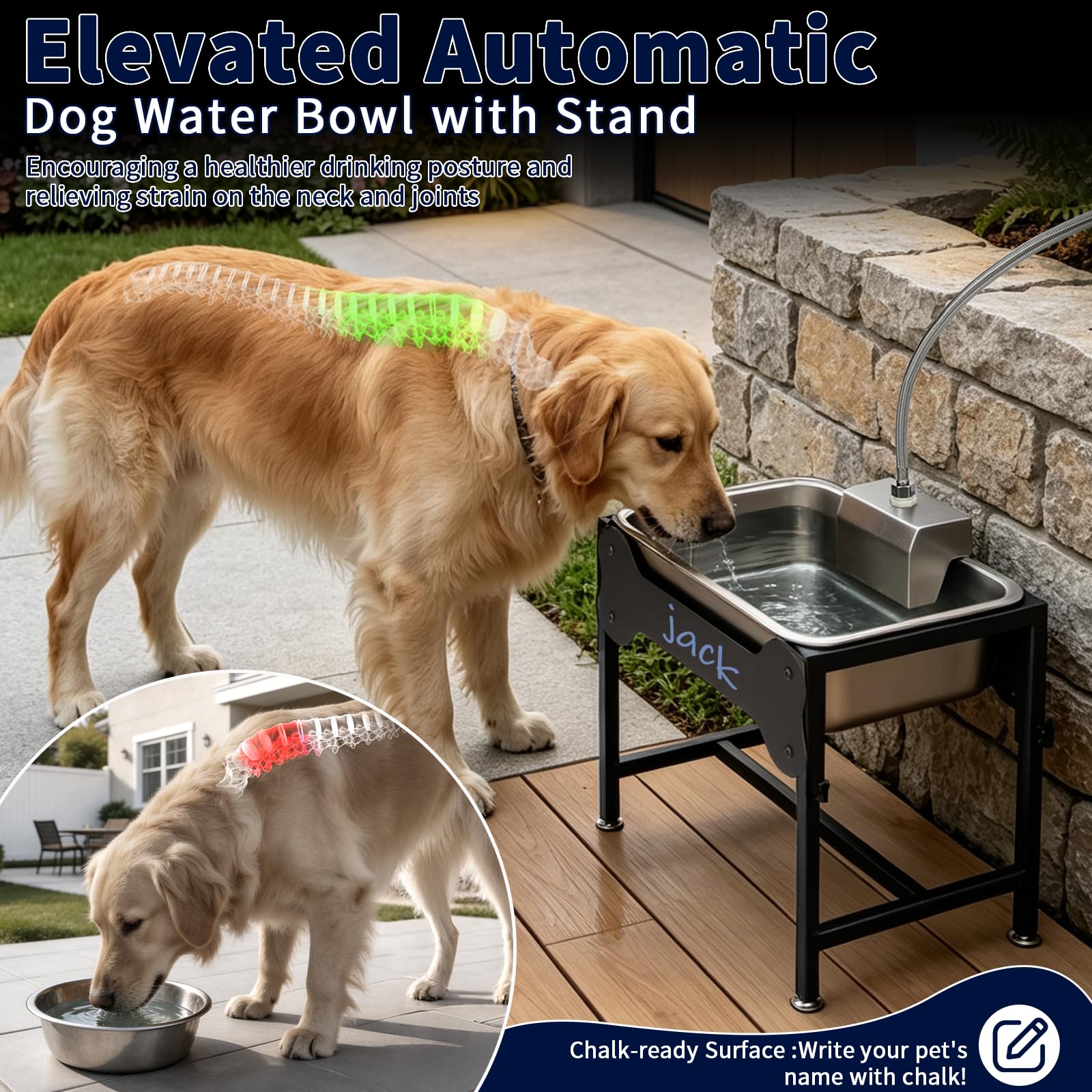 BWOGUE Dispensador automático de cuenco de agua para perros de 3 galones para razas grandes al aire libre, dispensador automático elevado de agua para perros exteriores, bebedero de acero inoxidable